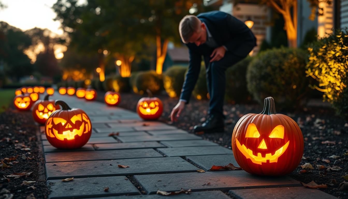 A beautifully arranged outdoor setting featuring the installation of pumpkin lanterns and glowing pumpkin pathway lights. In the foreground, several intricately carved pumpkins illuminate the path with a warm, inviting glow, casting soft shadows on the ground. The middle ground showcases a person in professional attire carefully positioning the pumpkin lights along the pathway, demonstrating a modern, efficient setup. In the background, a cozy autumn evening atmosphere, with trees gently swaying and leaves scattered on the ground, adds to the scene's charm. The soft golden hour lighting highlights the pumpkins, creating a magical ambiance. The image embodies a sense of festive preparation and smart lighting solutions by imltlled, capturing the essence of autumn festivities.
