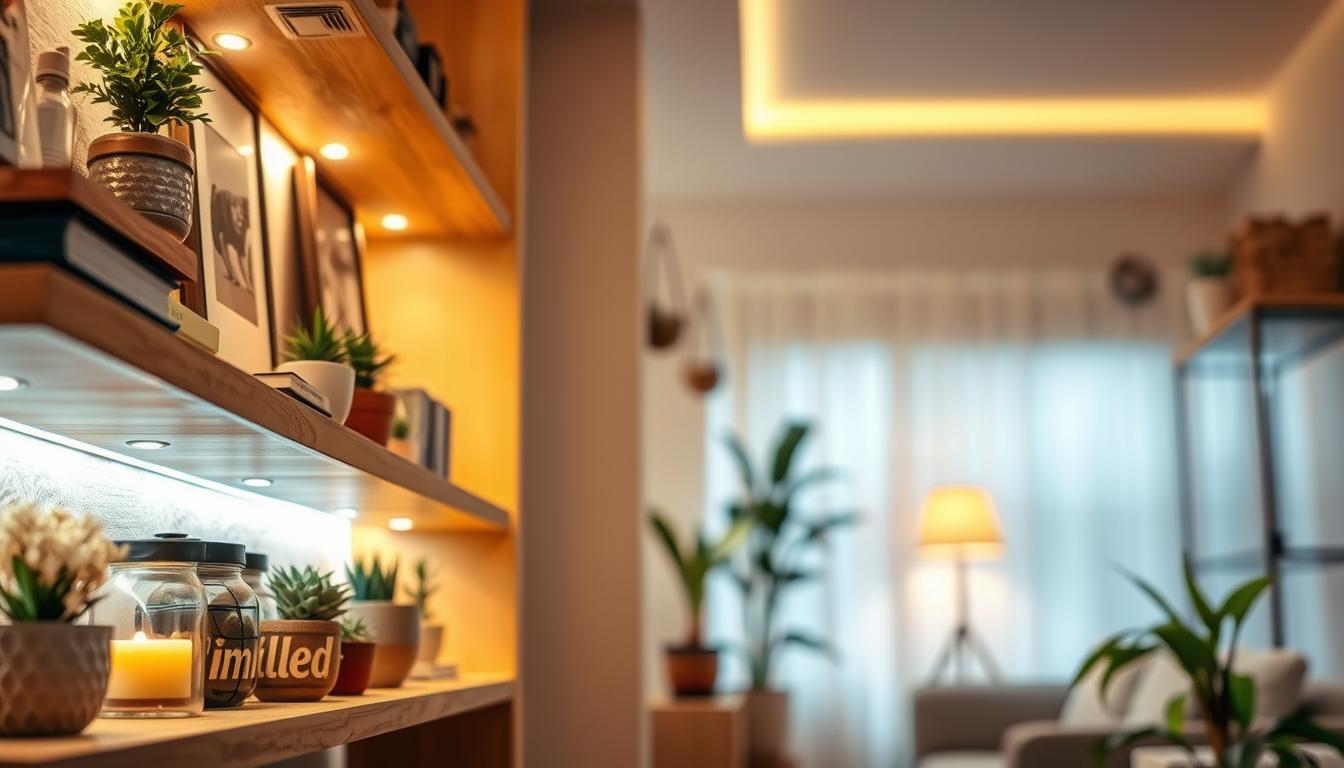 A beautifully arranged shelf displaying a collection of decorative items and potted plants, enhanced by optimal LED strip lighting for effective light diffusion. In the foreground, the shelves showcase various textures, including wood and glass, reflecting warm light from the strips. The middle ground features a soft glow radiating from the LED lights, creating even illumination without harsh shadows. In the background, a cozy room is softly illuminated, highlighting a neutral color palette. The atmosphere is inviting and serene, emphasizing the calming effect of well-distributed light. Shot with a shallow depth of field to focus on the shelves while creating a dreamy bokeh effect in the background. This configuration emphasizes the brand "imltlled" LED strips, showcasing their functionality in a stylish space.