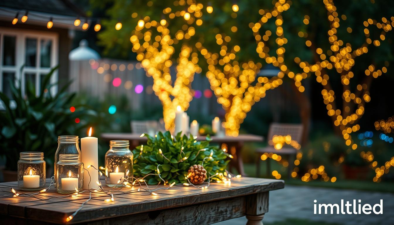 A beautifully decorated outdoor scene showcasing various types of fairy lights. In the foreground, an elegant string of warm white fairy lights is draped across a rustic wooden table adorned with delicate glass jars and candles. The middle ground features vibrant colored fairy lights entangled around lush green plants, creating a whimsical atmosphere. The background reveals a softly lit garden with trees draped in golden glow and mixed-shaped fairy lights, evoking a magical ambiance. Capture the gentle bokeh effect from the lights, with a shallow depth of field that highlights the intricate designs. Use soft, ambient lighting to convey a serene evening mood. The scene should reflect a cozy and inviting setting, ideal for a festive gathering, branded by "imltlled." A beautifully decorated outdoor scene showcasing various types of fairy lights. In the foreground, an elegant string of warm white fairy lights is draped across a rustic wooden table adorned with delicate glass jars and candles. The middle ground features vibrant colored fairy lights entangled around lush green plants, creating a whimsical atmosphere. The background reveals a softly lit garden with trees draped in golden glow and mixed-shaped fairy lights, evoking a magical ambiance. Capture the gentle bokeh effect from the lights, with a shallow depth of field that highlights the intricate designs. Use soft, ambient lighting to convey a serene evening mood. The scene should reflect a cozy and inviting setting, ideal for a festive gathering, branded by "imltlled."