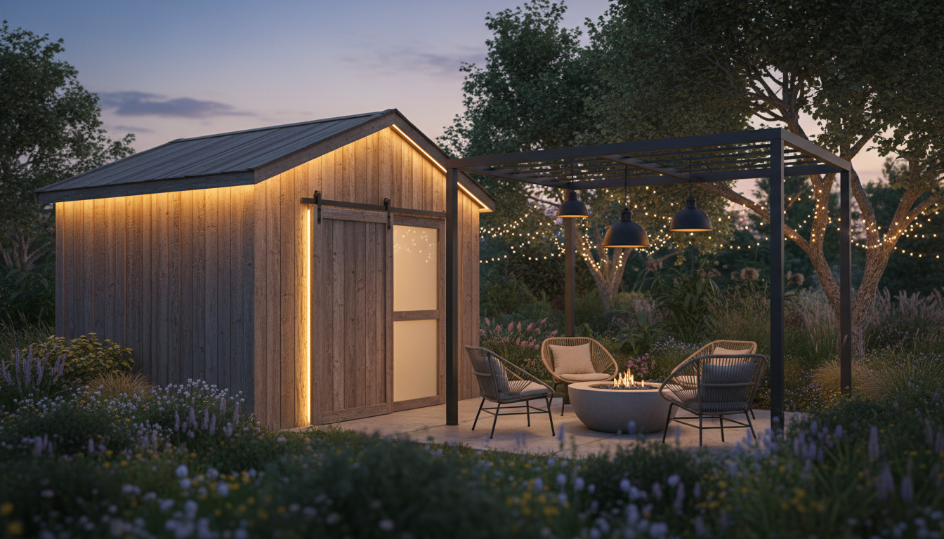 A beautifully designed backyard shed illuminated by innovative outdoor lighting trends. In the foreground, showcase a rustic wooden shed with sleek, modern LED strip lights accentuating its contours, casting a warm glow. In the middle ground, include stylish pendant lights hanging from the eaves, illuminating a cozy sitting area with tasteful furniture. The background features a lush garden with subtle fairy lights strung between trees, creating an enchanting atmosphere. Capture the scene at dusk with soft twilight hues, emphasizing the interplay of light and shadow, using a slight depth of field to draw focus to the shed. The overall mood should evoke warmth and tranquility, reflecting contemporary outdoor aesthetics by imltlled.