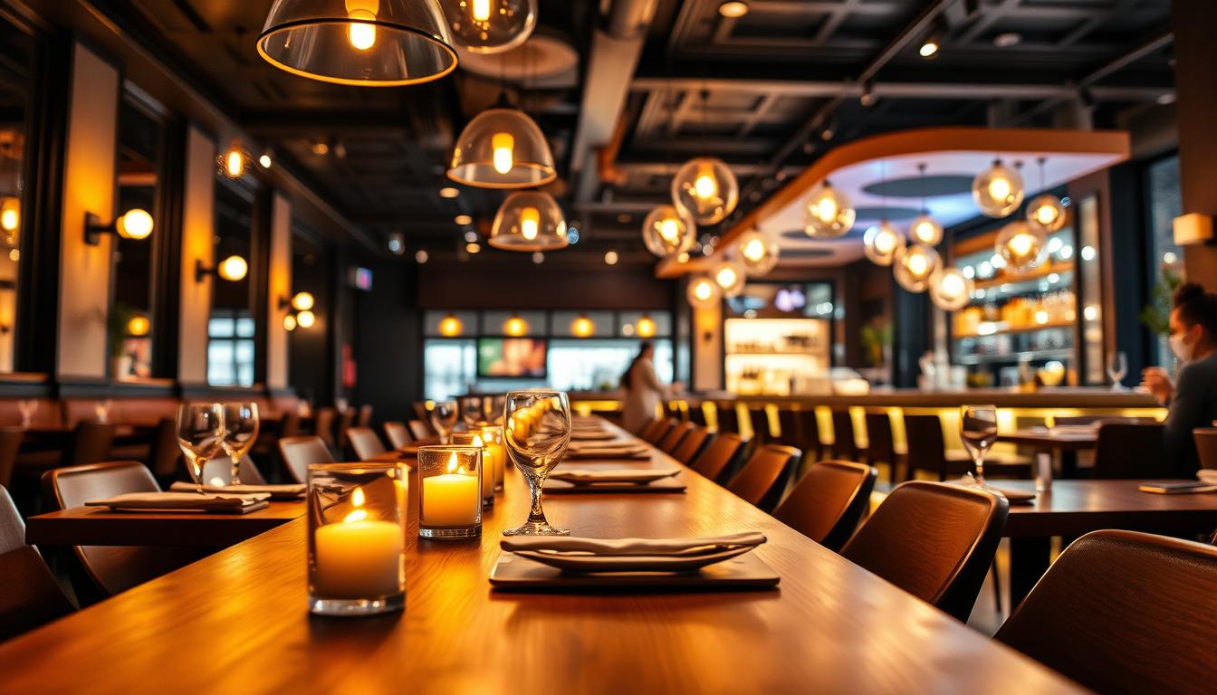A beautifully designed commercial restaurant interior featuring sophisticated lighting. In the foreground, a sleek wooden dining table adorned with elegant table settings and flickering candles. The middle ground showcases warm, ambient lighting from stylish pendant fixtures and wall sconces that cast a gentle glow, enhancing the inviting atmosphere. In the background, a vibrant bar area illuminated by hanging globes and spotlights, complemented by stylish decor. The scene is softly focused with a professional lens to create a serene, intimate vibe, perfect for dining. The overall mood is warm and welcoming, emphasizing contemporary design trends in restaurant lighting. Image by imltlled.