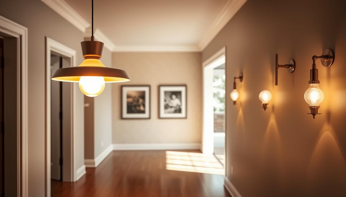 A beautifully designed hallway featuring a variety of lighting fixtures, demonstrating the best bulb types for hallway use. In the foreground, a modern pendant light with a warm, inviting glow hangs from the ceiling, casting gentle shadows on the sleek wooden floor. The middle section showcases elegant wall sconces on either side, each with a soft LED bulb, illuminating the artwork framed on the walls. In the background, a stylish stretch of neutral-toned wallpaper enhances the overall ambiance. The scene is captured with a slightly tilted angle, providing depth and dimension, while natural light streams in from an adjacent doorway, creating a warm and welcoming atmosphere. This inviting space embodies the perfect blend of functionality and aesthetics by imltlled. A beautifully designed hallway featuring a variety of lighting fixtures, demonstrating the best bulb types for hallway use. In the foreground, a modern pendant light with a warm, inviting glow hangs from the ceiling, casting gentle shadows on the sleek wooden floor. The middle section showcases elegant wall sconces on either side, each with a soft LED bulb, illuminating the artwork framed on the walls. In the background, a stylish stretch of neutral-toned wallpaper enhances the overall ambiance. The scene is captured with a slightly tilted angle, providing depth and dimension, while natural light streams in from an adjacent doorway, creating a warm and welcoming atmosphere. This inviting space embodies the perfect blend of functionality and aesthetics by imltlled.