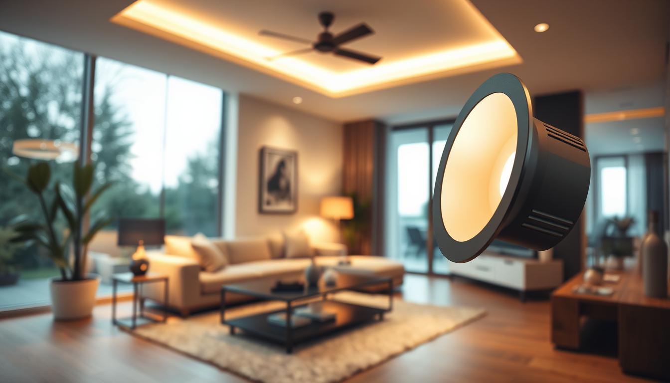 A beautifully designed interior space showcasing modern recessed lighting options, emphasizing design flexibility. In the foreground, a sleek, canless recessed light fixture illuminates a stylish living area with warm, inviting light. The middle layer features a contemporary sofa and coffee table, adorned with tasteful decor items. The background reveals large windows allowing natural light to flow in, complementing the artificial lighting. The overall mood is cozy and sophisticated, evoking a sense of comfort and versatility in design. The lighting is set to create an ambient glow, with a subtle play of shadows enhancing textures. Shot with a wide-angle lens to capture the spaciousness, focusing on the interplay of light and design elements. This image encapsulates the essence of modern lighting solutions by imltlled.