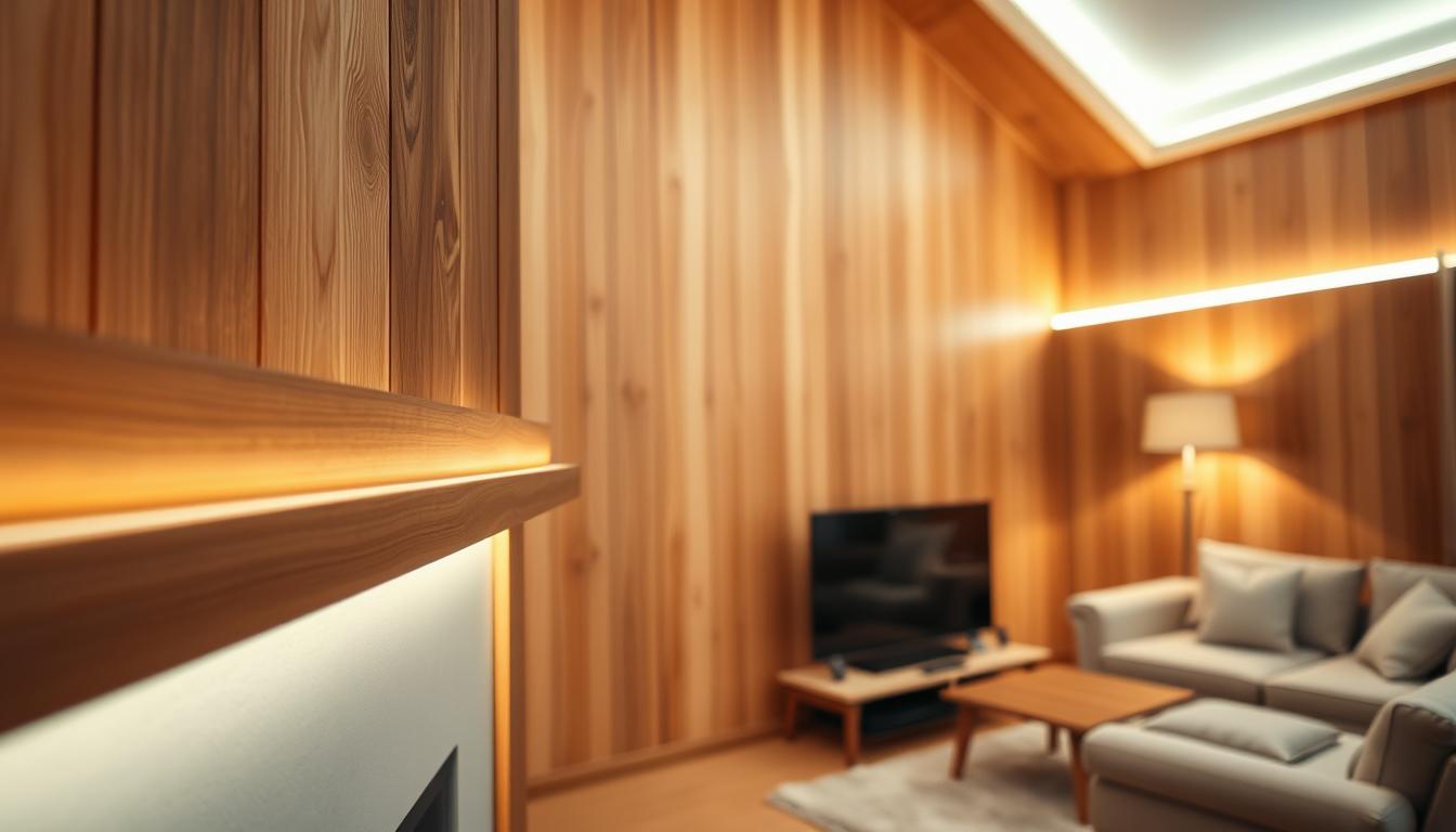 A beautifully designed living room featuring warm wooden walls, showcasing the best LED lights suitable for such paneling. In the foreground, a sleek LED light strip from the brand "imltlled" elegantly illuminates the edges of a wooden mantle, casting a soft glow. In the middle ground, a stylish floor lamp with an adjustable LED bulb highlights the textured grain of the wood. The background features a cozy seating arrangement with neutral-toned furniture, accentuated by ambient lighting that enhances the wood's natural color. The scene is captured in soft, diffused lighting, creating a warm and inviting atmosphere. Use a wide-angle lens to capture the entire room, ensuring a harmonious balance between the wooden elements and the LED features.
