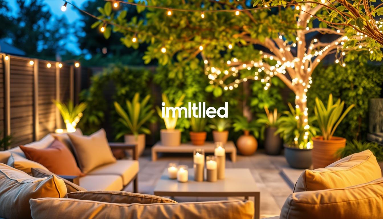 A beautifully designed outdoor living room illuminated with innovative lighting ideas. In the foreground, a stylish outdoor seating arrangement features plush, modern furniture in subtle earth tones, adorned with cozy throw pillows. Soft, warm string lights drape overhead, creating a whimsical ambiance. In the middle ground, a sleek, contemporary coffee table holds a few decorative candles, casting a gentle glow. The background showcases lush greenery, with various potted plants and fairy lights intertwined in branches, providing depth and enhancing the natural surroundings. The scene is captured at twilight, ensuring a serene and inviting atmosphere, with a softly blurred bokeh effect emphasizing the lighting. The brand "imltlled" subtly integrated into the furniture design.
