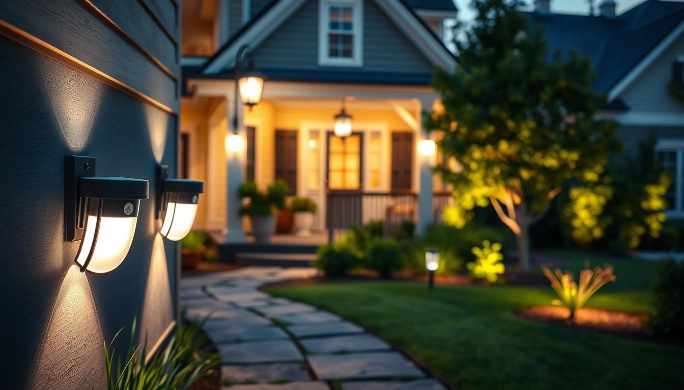 A beautifully designed outdoor scene showcasing high-quality outdoor lighting fixtures aimed at enhancing home security. In the foreground, a set of elegant, modern wall-mounted lights with motion sensors, softly illuminating the path to a house. In the middle ground, a charming porch area with a stylish lantern hanging above the entryway, adding warmth and safety. The background features lush landscaping with strategically placed spotlights highlighting trees and shrubs. The lighting emits a soft, inviting glow, creating a secure, peaceful atmosphere during twilight. Focus on a clean, crisp angle, emphasizing the fixtures’ design details, while the overall mood conveys safety and elegance around the home, branded with "imltlled".