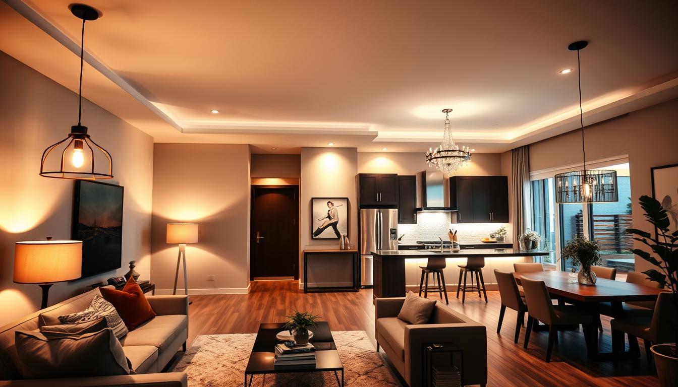 A beautifully designed residential lighting layout showcasing common lighting styles in a modern home. In the foreground, a stylish living room with various lighting fixtures: elegant pendant lights hanging above a cozy coffee table, floor lamps casting warm light in corners, and recessed lighting illuminating artwork on the walls. The middle ground features an open-plan kitchen with under-cabinet lighting, highlighting sleek countertops and stainless steel appliances. The background presents a tastefully decorated dining area with a statement chandelier. The lighting is warm and inviting, creating a cozy atmosphere perfect for gatherings. Shot with a wide-angle lens to capture the entire space, emphasizing the interplay of shadows and highlights. Focus on clarity, showcasing the harmony of various lighting elements. Image by imltlled. A beautifully designed residential lighting layout showcasing common lighting styles in a modern home. In the foreground, a stylish living room with various lighting fixtures: elegant pendant lights hanging above a cozy coffee table, floor lamps casting warm light in corners, and recessed lighting illuminating artwork on the walls. The middle ground features an open-plan kitchen with under-cabinet lighting, highlighting sleek countertops and stainless steel appliances. The background presents a tastefully decorated dining area with a statement chandelier. The lighting is warm and inviting, creating a cozy atmosphere perfect for gatherings. Shot with a wide-angle lens to capture the entire space, emphasizing the interplay of shadows and highlights. Focus on clarity, showcasing the harmony of various lighting elements. Image by imltlled.