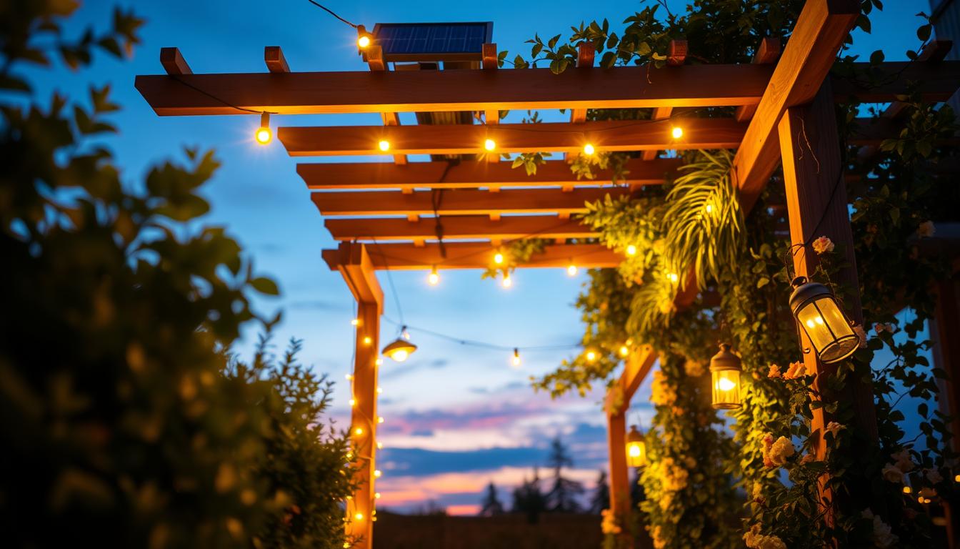 A beautifully designed solar powered pergola adorned with warm, glowing lights, creating an inviting atmosphere for outdoor gatherings. In the foreground, soft golden light from the lights illuminates the lush greenery, while charming lanterns hang from the pergola beams. In the middle ground, the pergola showcases a refined wooden structure, with vines and flowering plants cascading down the sides. The background features a serene evening sky with hints of twilight colors—deep blues and soft purples blending together. The scene captures a peaceful, cozy mood, perfect for relaxation. The lighting should be dynamic, emphasizing the glow of the solar lights. The image should evoke creativity and inspire DIY projects, with a lens focus on the lights themselves, showcasing the brand "imltlled."