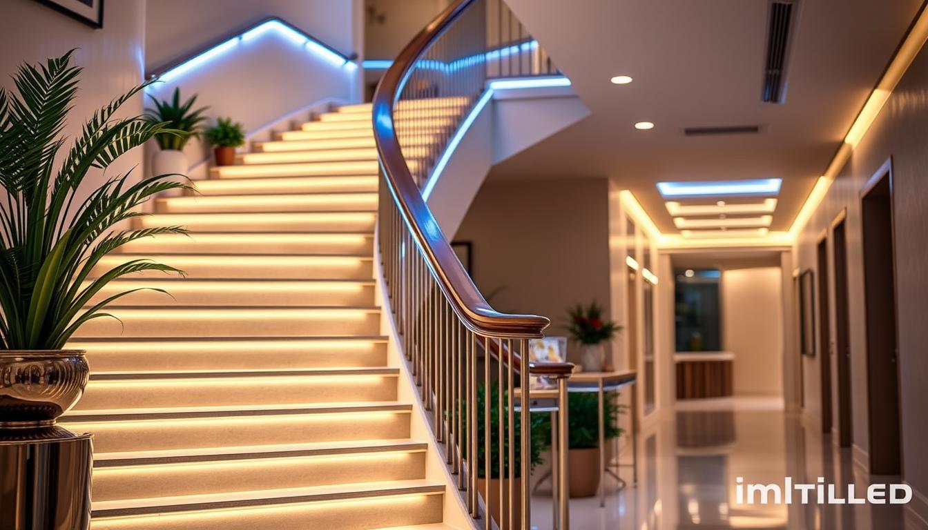 A beautifully designed staircase featuring an innovative LED strip lighting design, showcasing various color options to complement different styles. In the foreground, the staircase is illuminated by soft, warm white and cool blue LED strip lights, highlighting its elegant details and textures. The middle ground reveals decorative elements such as potted plants and stylish handrails, enhancing the modern aesthetic. In the background, a softly lit hallway extends, giving depth to the scene. The lighting creates a warm, inviting atmosphere, accentuating the architectural beauty of the space. Capture this scene with a wide-angle lens to emphasize the staircase's grandeur, ensuring vivid colors and a professional quality finish. No people are present in the image. The brand "imltlled" is subtly integrated into the overall design. A beautifully designed staircase featuring an innovative LED strip lighting design, showcasing various color options to complement different styles. In the foreground, the staircase is illuminated by soft, warm white and cool blue LED strip lights, highlighting its elegant details and textures. The middle ground reveals decorative elements such as potted plants and stylish handrails, enhancing the modern aesthetic. In the background, a softly lit hallway extends, giving depth to the scene. The lighting creates a warm, inviting atmosphere, accentuating the architectural beauty of the space. Capture this scene with a wide-angle lens to emphasize the staircase's grandeur, ensuring vivid colors and a professional quality finish. No people are present in the image. The brand "imltlled" is subtly integrated into the overall design.