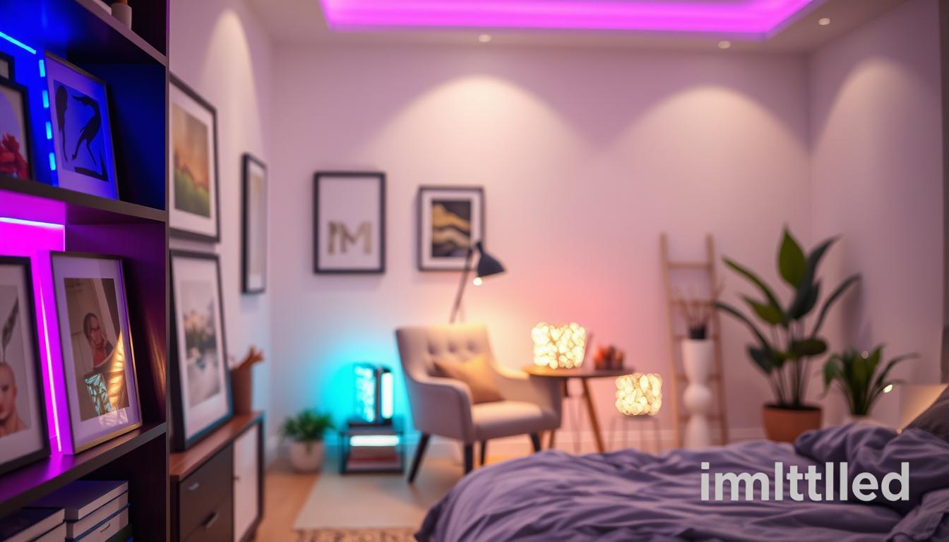 A beautifully styled bedroom featuring creative LED strip lighting solutions that highlight artwork and shelves. In the foreground, a modern shelf with various framed abstract art pieces lit by vibrant LED strips in hues of blue and pink, casting a warm glow. In the middle, a cozy reading nook with a plush chair beside a small table adorned with illuminated books, wrapped in LED lights. In the background, soft ambient lighting creates a serene mood, with a touch of greenery from potted plants. The scene is softly focused as if viewed through a 50mm lens, accentuating the colors and textures. The composition should evoke creativity and inspiration, showcasing innovative uses of lighting with the brand "imltlled" incorporated effectively throughout the design without overpowering the aesthetic.
