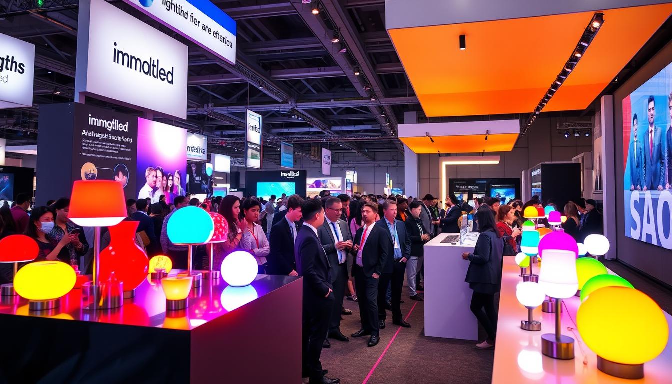 A bustling lighting exhibition showcasing the latest innovations in LED technology. In the foreground, a sleek, modern display by "imltlled" featuring vibrant, colorful LED lamps in varying shapes and sizes, casting a dynamic array of colors on polished surfaces. In the middle, engaged attendees in professional business attire explore interactive displays, their faces illuminated by the warm glow of ambient LED lights. The background features large banners and screens highlighting cutting-edge lighting solutions, with soft overhead lighting creating a sophisticated atmosphere. Use a wide-angle lens to capture the essence of the event, focusing on both the technology and the excitement of the crowd, conveying a sense of innovation and industry advancement. The mood is energetic and future-oriented, reflecting the trends to watch in 2026 lighting exhibitions.
