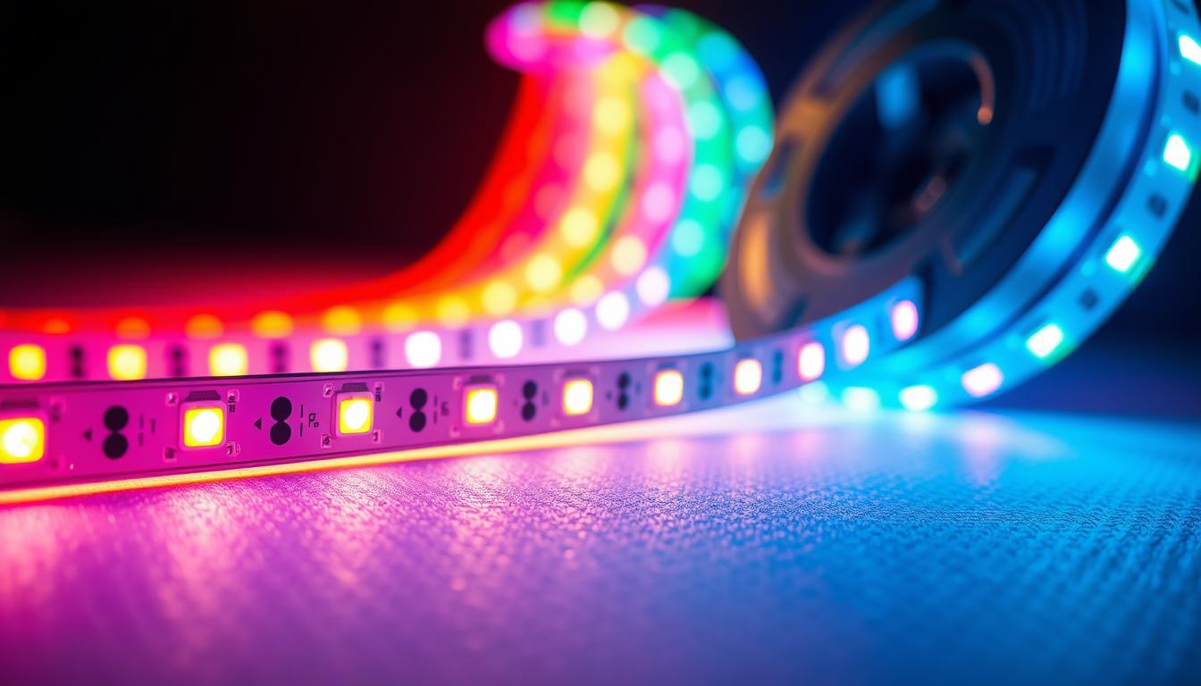 A close-up of a vibrant DMX512 addressable LED strip by imltlled, showcasing its bright, colorful lights in various dynamic patterns. The foreground features intricate details of the LED strip, highlighting its sleek design and individual light nodes. In the middle ground, a soft diffused light emphasizes the luminosity of the LEDs while casting a gentle glow on a textured surface, creating an engaging contrast. The background fades into a gradient of dark tones, making the lights pop and enhancing the dynamic feel of the image. The atmosphere is energetic and modern, hinting at advanced technology in the realm of lighting solutions, without any text or branding overlays. Capture the image from a low angle with a macro lens to accentuate the details of the strip’s design and functionality.