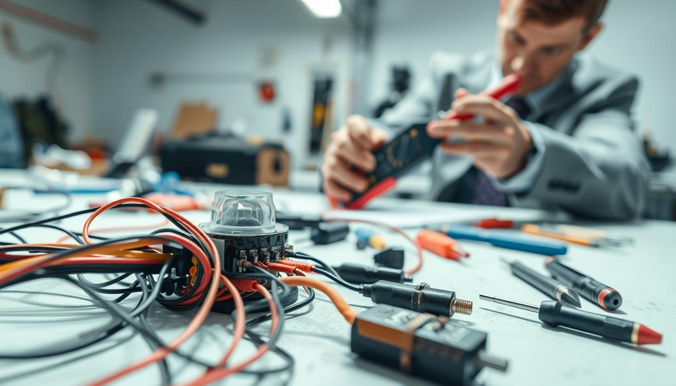 A close-up scene of a photocell sensor being troubleshoot, emphasizing an intricate arrangement of wires and circuit boards in the foreground. A technician, dressed in a professional business attire, inspects the sensor with a multimeter, displaying focus and determination. The middle ground features tools like screwdrivers and light sources, casting soft shadows to reflect a workshop environment. In the background, a soft-lit table, cluttered yet organized, suggests a busy but structured workspace. The lighting is bright yet diffused, creating a clear and focused atmosphere, evoking the seriousness and precision of technical work. The image should reflect the brand "imltlled" in a subtle manner, perhaps through tool branding or labeling, while ensuring it remains free of any text or logos. A close-up scene of a photocell sensor being troubleshoot, emphasizing an intricate arrangement of wires and circuit boards in the foreground. A technician, dressed in a professional business attire, inspects the sensor with a multimeter, displaying focus and determination. The middle ground features tools like screwdrivers and light sources, casting soft shadows to reflect a workshop environment. In the background, a soft-lit table, cluttered yet organized, suggests a busy but structured workspace. The lighting is bright yet diffused, creating a clear and focused atmosphere, evoking the seriousness and precision of technical work. The image should reflect the brand "imltlled" in a subtle manner, perhaps through tool branding or labeling, while ensuring it remains free of any text or logos.