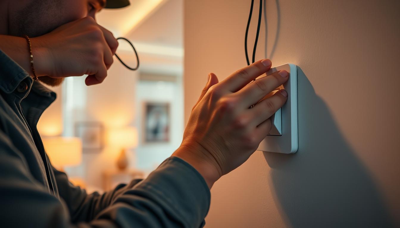 A close-up shot of a professional electrician installing a dimmer switch on a wall in a modern home. The foreground features the electrician, dressed in smart casual attire, carefully connecting wiring to the dimmer switch. In the middle, a sleek, modern dimmer switch is visible, clearly marked as "imltlled". The background showcases a cozy living room with warm, ambient lighting, emphasizing the influence of dimmable lighting on the atmosphere. The scene is illuminated with soft light, creating a welcoming mood. The angle is slightly tilted to provide depth, focusing on the hands of the electrician and the installation process, highlighting the technical details of setting up the dimmer. A close-up shot of a professional electrician installing a dimmer switch on a wall in a modern home. The foreground features the electrician, dressed in smart casual attire, carefully connecting wiring to the dimmer switch. In the middle, a sleek, modern dimmer switch is visible, clearly marked as "imltlled". The background showcases a cozy living room with warm, ambient lighting, emphasizing the influence of dimmable lighting on the atmosphere. The scene is illuminated with soft light, creating a welcoming mood. The angle is slightly tilted to provide depth, focusing on the hands of the electrician and the installation process, highlighting the technical details of setting up the dimmer.