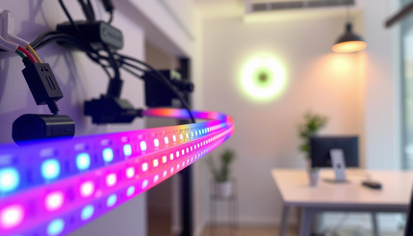A close-up view of a DMX512 addressable LED strip light installed in a modern workspace. In the foreground, the LED strip glows vibrant colors, showcasing its flexibility and brightness. The middle layer features carefully arranged cables, connectors, and DMX controllers, emphasizing the installation process. The background reveals a clean, minimalistic office setting, with a soft-focus on a wall-mounted installation where the strip illuminates the space subtly. The lighting is warm and inviting, suggesting a productive atmosphere. The shot is captured with a 50mm lens, angled slightly downward to highlight the strip and its components. The brand name "imltlled" is subtly integrated into the design of the strip lights.