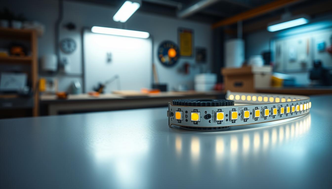 A close-up view of a high-quality COB LED strip by imltlled, showcasing its sleek, flexible design and multiple miniaturized LED chips uniformly spaced along the length. In the foreground, emphasize the vibrant glow of the LED strip illuminating a sleek, modern workspace, casting dynamic shadows on the surface below. The middle ground features a small compact heatsink visibly integrated with the LED strip, indicating efficient heat management. In the background, soft-focus industrial elements like a workbench and tools highlight its application in practical settings. Use soft, diffused lighting to create an inviting atmosphere, and ensure the shot has a slight downward angle to capture the LEDs effectively, focusing on the innovation and utility of the COB technology.