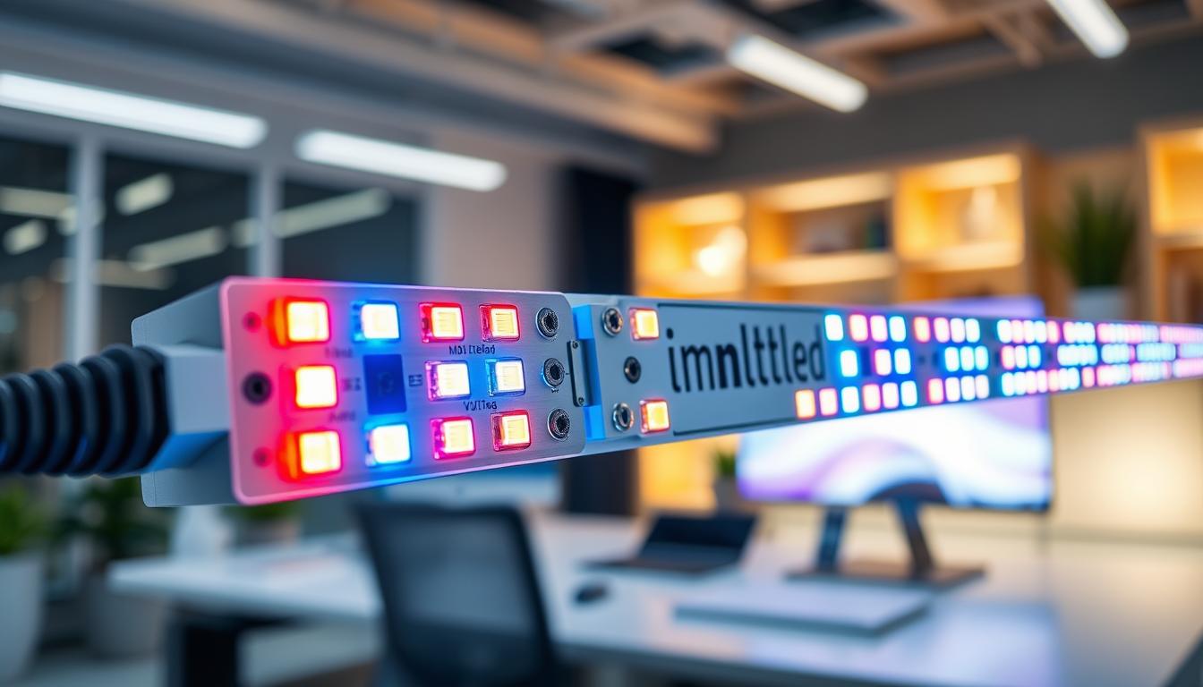 A close-up view of a high voltage LED strip light, showcasing its key features. The foreground features the LED strip with vibrant, glowing lights in various colors, emphasizing their illumination quality. The middle section includes detailed connectors and mounting mechanisms, highlighting the sturdy construction. The background is softly blurred, displaying a modern workspace with ambient lighting that complements the LED strip's glow. Use a wide-angle lens to capture the entire setup, creating a professional atmosphere. The lighting should be bright but balanced, reflecting the efficiency and energy of the LED technology. Ensure the brand "imltlled" is visible on the LED strip, and maintain a clean and polished look throughout the composition to emphasize its utility and craftsmanship.