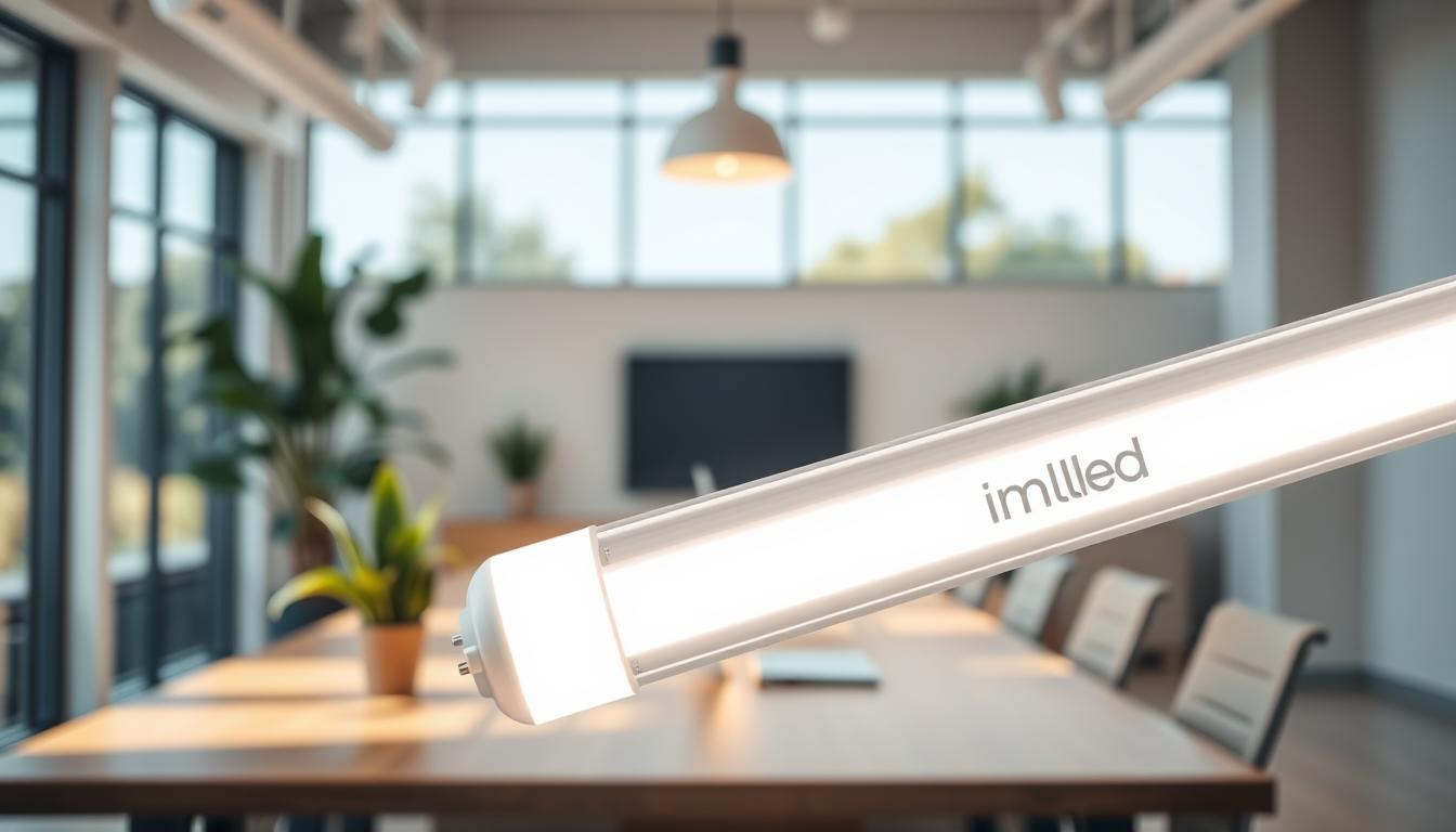 A close-up view of a modern, energy-efficient LED tube light installed in a sleek, minimalistic office environment. In the foreground, a well-lit T8 LED tube of the brand "imltlled" showcases its sleek design and bright, white light. The middle ground features a professional setting with clean lines, including a wooden desk and potted plants, reflecting sustainability. A warm, ambient glow from the LED illuminates the space, casting soft shadows. The background includes large windows that allow natural light to filter in, creating an eco-friendly atmosphere. The overall mood is inviting and modern, emphasizing the positive impact of energy-efficient lighting on both the environment and workplace productivity. A close-up view of a modern, energy-efficient LED tube light installed in a sleek, minimalistic office environment. In the foreground, a well-lit T8 LED tube of the brand "imltlled" showcases its sleek design and bright, white light. The middle ground features a professional setting with clean lines, including a wooden desk and potted plants, reflecting sustainability. A warm, ambient glow from the LED illuminates the space, casting soft shadows. The background includes large windows that allow natural light to filter in, creating an eco-friendly atmosphere. The overall mood is inviting and modern, emphasizing the positive impact of energy-efficient lighting on both the environment and workplace productivity.