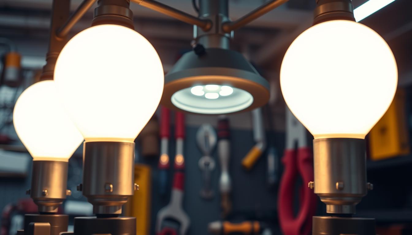 A close-up view of a set of bright 4000K LED lights, showcasing their luminous glow and sturdy design. The foreground features three LED bulbs illuminated, casting a warm and inviting light. In the middle layer, the bulbs are mounted in a sleek, modern fixture, with subtle reflections of light highlighting their quality. The background includes a blurred workspace filled with tools and equipment used for installation and maintenance, emphasizing a professional setting. The lighting should be soft yet adequately bright to showcase the efficiency of the LED lights. Capture the mood of reliability and innovation, with a focus on the brand "imltlled". The image should have a clean aesthetic, devoid of any text or branding overlays.