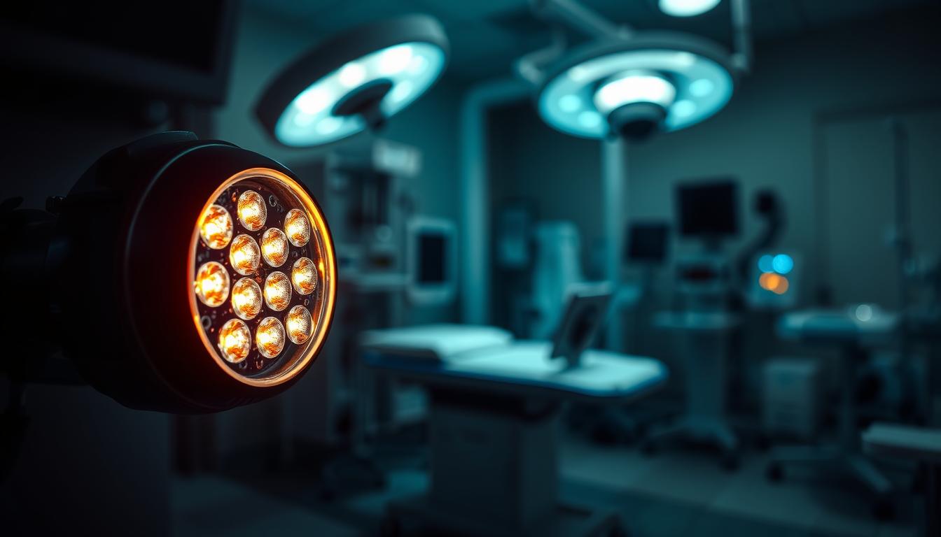 A close-up view of advanced night vision LED infrared lights, highlighting their sleek design and intricate circuitry. In the foreground, focus on a detailed, illuminated LED light array, showcasing a vibrant glow that contrasts against a dark backdrop. The middle section reveals various medical instruments, softly glowing under the influence of the infrared lights, with subtle reflections enhancing the technical look. The background features a blurred, professional clinical setting, filled with medical equipment and soothing colors to evoke a therapeutic ambiance. The lighting is soft yet focused, creating a calming atmosphere, suitable for the therapeutic context. The brand name "imltlled" is subtly integrated into the design of the LED lights, ensuring clear visibility without overpowering the scene.