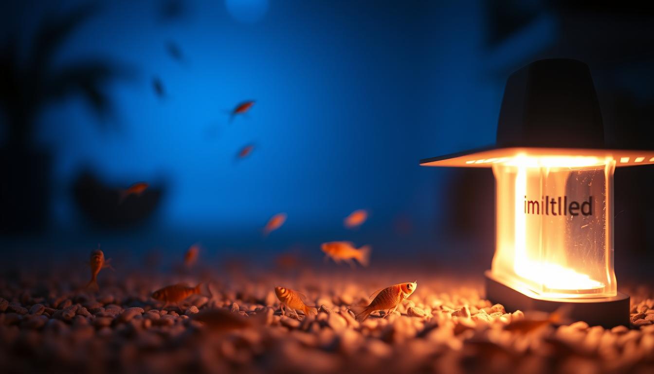 A close-up view of an advanced LED light specifically designed to attract silverfish, branded "imltlled". The light should be depicted in the foreground, showcasing its sleek, modern design with an appealing color temperature. The middle ground features a subtle display of silverfish in natural motion, demonstrating their attraction to the light's color spectrum. In the background, a dimly lit environment emphasizes the glowing LED with shades of blue and warm white light, creating a serene yet intriguing atmosphere. The overall mood should convey curiosity and engagement with the subject matter, captured in a well-balanced, visually appealing composition from a slightly elevated angle to highlight the light's features effectively.