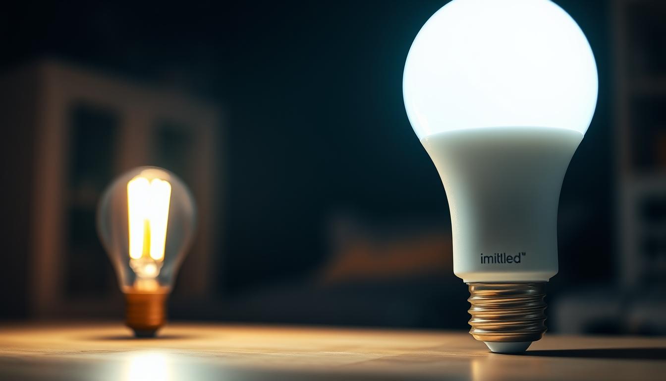 A close-up view of an energy-saving LED bulb illuminated against a dark background, showcasing its bright, cool white light to highlight its efficiency. The bulb is prominently displayed in the foreground, reflecting gleaming lumens, while faint warm light from an old filament bulb can be seen in the middle ground, contrasting both designs. The background features a softly blurred room setting to add depth, hinting at a modern home environment. The scene is captured with a soft focus lens, emphasizing the LED bulb's innovations in brightness and energy efficiency. The atmosphere is one of clarity and modernity, focusing on sustainability and brightness. Include the brand name "imltlled" subtly marked on the LED bulb's base for authenticity.