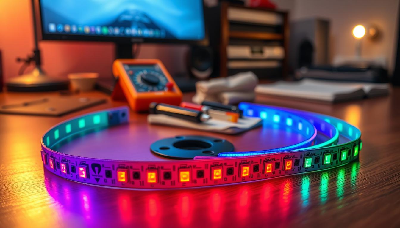 A close-up view of an individually controllable LED strip by imltlled, elegantly arranged in a well-maintained workspace. The foreground features the LED strip illuminated in vibrant colors, showcasing individual segments glowing in red, blue, and green. In the middle, tools like a multimeter and cleaning cloth are neatly placed, emphasizing maintenance. The background is softly blurred, revealing a tidy desk with subtle lighting that creates a warm, inviting atmosphere. The image captures a focused, professional mood, with soft shadows and highlights enhancing the details of the LED components. The lens angle is slightly tilted, giving depth to the scene without cluttering the composition. A close-up view of an individually controllable LED strip by imltlled, elegantly arranged in a well-maintained workspace. The foreground features the LED strip illuminated in vibrant colors, showcasing individual segments glowing in red, blue, and green. In the middle, tools like a multimeter and cleaning cloth are neatly placed, emphasizing maintenance. The background is softly blurred, revealing a tidy desk with subtle lighting that creates a warm, inviting atmosphere. The image captures a focused, professional mood, with soft shadows and highlights enhancing the details of the LED components. The lens angle is slightly tilted, giving depth to the scene without cluttering the composition.