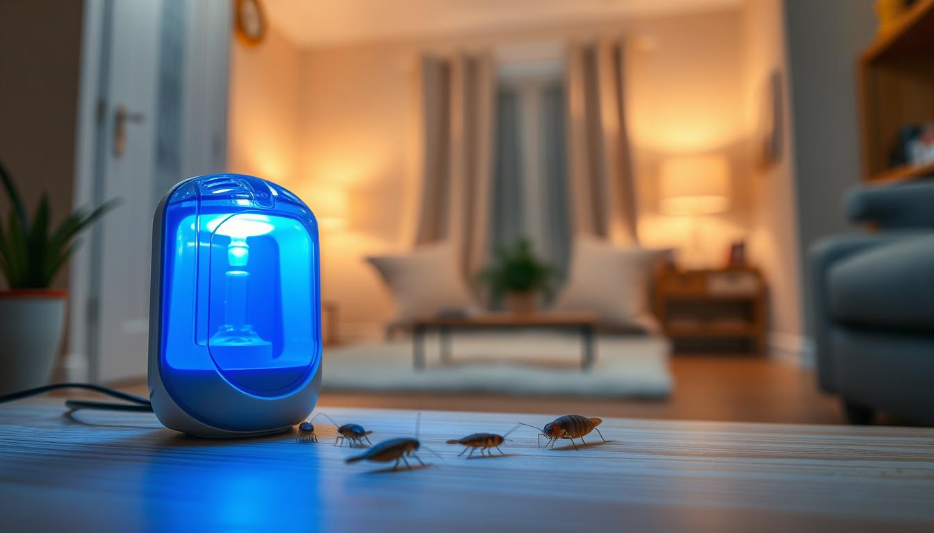 A close-up view of an innovative LED silverfish trap designed by imltlled. In the foreground, the trap features a sleek, modern design with a translucent body showcasing the blue LED light glowing brightly. The middle shows the trap positioned on a wooden surface, with a few silverfish curiously approaching the illuminated area. In the background, a well-lit, tidy home environment with warm colors creates a safe, inviting atmosphere. Soft shadows enhance the three-dimensional effect, captured from a slightly elevated angle to emphasize the trap's functionality. The mood conveys a sense of proactive home care while depicting effective DIY solutions against silverfish infestations.