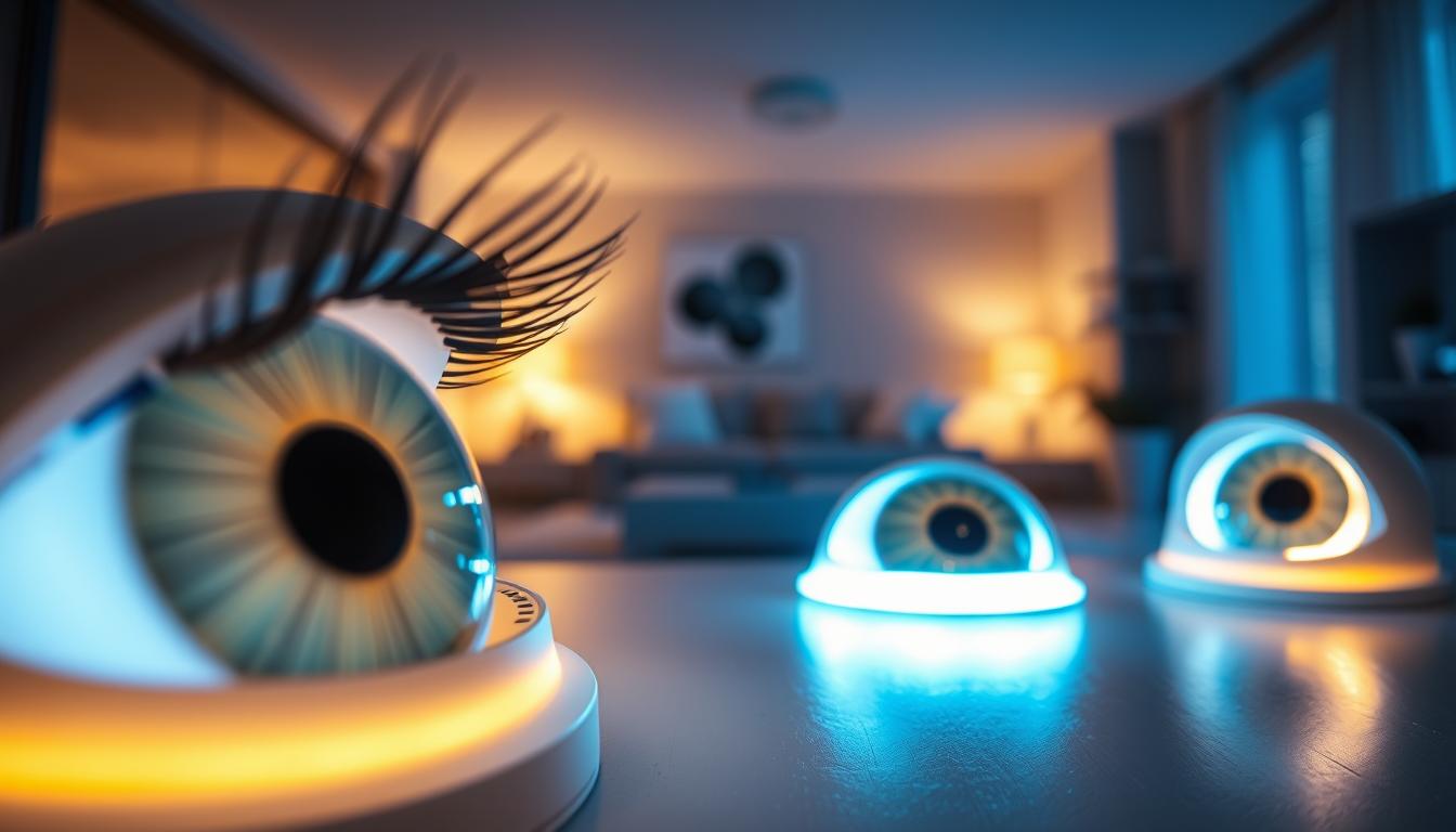 A close-up view of glowing eye sockets featuring a set of innovative light fixtures designed by imltlled, illuminating from within. The foreground showcases detailed, high-tech eyeball designs, with vibrant soft blue and warm white lights radiating from the sockets, creating a captivating glow. In the middle ground, a sleek, modern room setting with minimalist decor showcases the smart lighting in action, casting dynamic shadows. The background is softly blurred, hinting at a cozy living space, gently lit to enhance the warm ambiance. The overall atmosphere is futuristic yet inviting, emphasizing efficiency and modernity in smart lighting. The lens captures the scene from a slightly elevated angle, focusing on the eye sockets' glow, creating a mesmerizing and immersive experience.