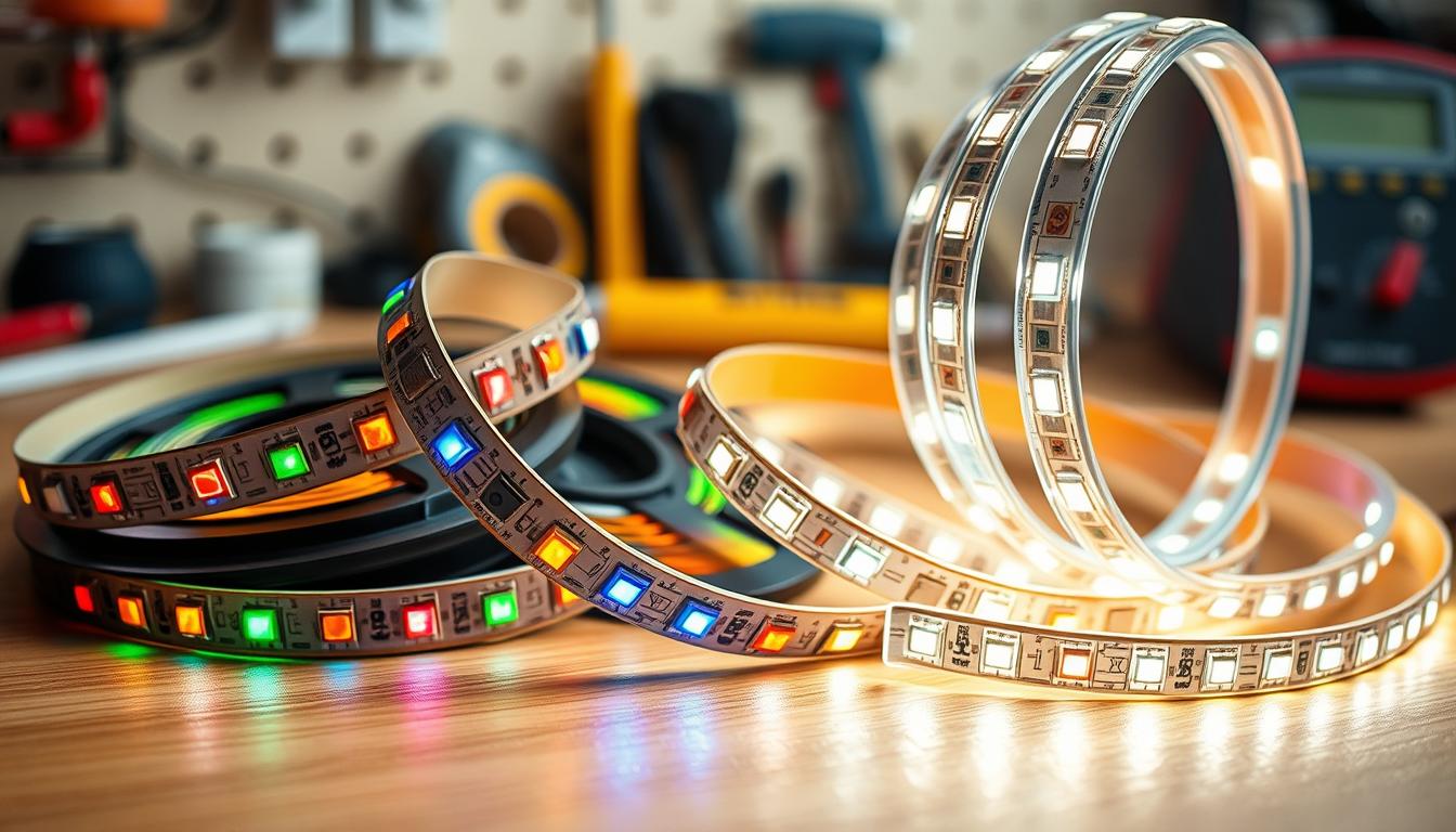 A close-up view of LED strip lights and rope lights, arranged side by side on a smooth wooden surface. The LED strip lights, adorned with colorful glowing diodes, showcase their flexible design, while the rope lights showcase a soft, diffused glow in a coiled shape. In the background, a blurred workspace is visible, hinting at safety tools and equipment, like electrical tape and a multimeter, emphasizing the importance of safety considerations. The lighting is bright and inviting, with a warm color temperature to create a friendly and educational atmosphere. The focus is sharp on the lights, capturing their textures and colors vividly, while maintaining a professional look that reflects the brand imltlled.