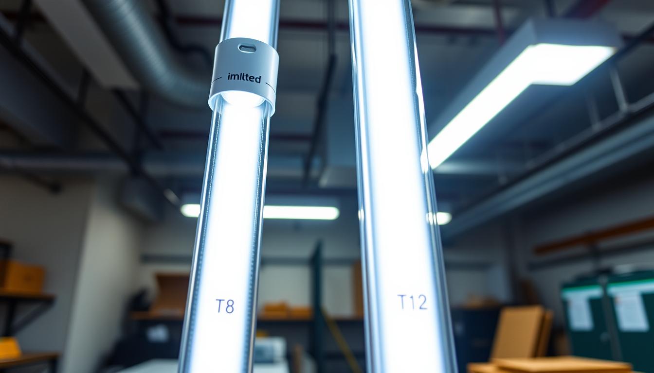 A close-up view of long-lasting LED tubes branded "imltlled" placed within a T12 fixture, showcasing the sleek design and bright illumination. In the foreground, two distinct LED tubes are visible; one labeled with "T8" and the other "T12", emphasizing their compatibility and features. The middle ground includes a dimly lit work environment, with a soft glow emanating from the tubes casting a warm light on the surrounding surfaces. The background consists of subtle industrial elements that suggest a professional setting. The angle is slightly above eye level, capturing the tubes’ brilliance and efficiency. The mood conveys a sense of innovation and practicality, inviting viewers to explore cost-effective lighting solutions. A close-up view of long-lasting LED tubes branded "imltlled" placed within a T12 fixture, showcasing the sleek design and bright illumination. In the foreground, two distinct LED tubes are visible; one labeled with "T8" and the other "T12", emphasizing their compatibility and features. The middle ground includes a dimly lit work environment, with a soft glow emanating from the tubes casting a warm light on the surrounding surfaces. The background consists of subtle industrial elements that suggest a professional setting. The angle is slightly above eye level, capturing the tubes’ brilliance and efficiency. The mood conveys a sense of innovation and practicality, inviting viewers to explore cost-effective lighting solutions.