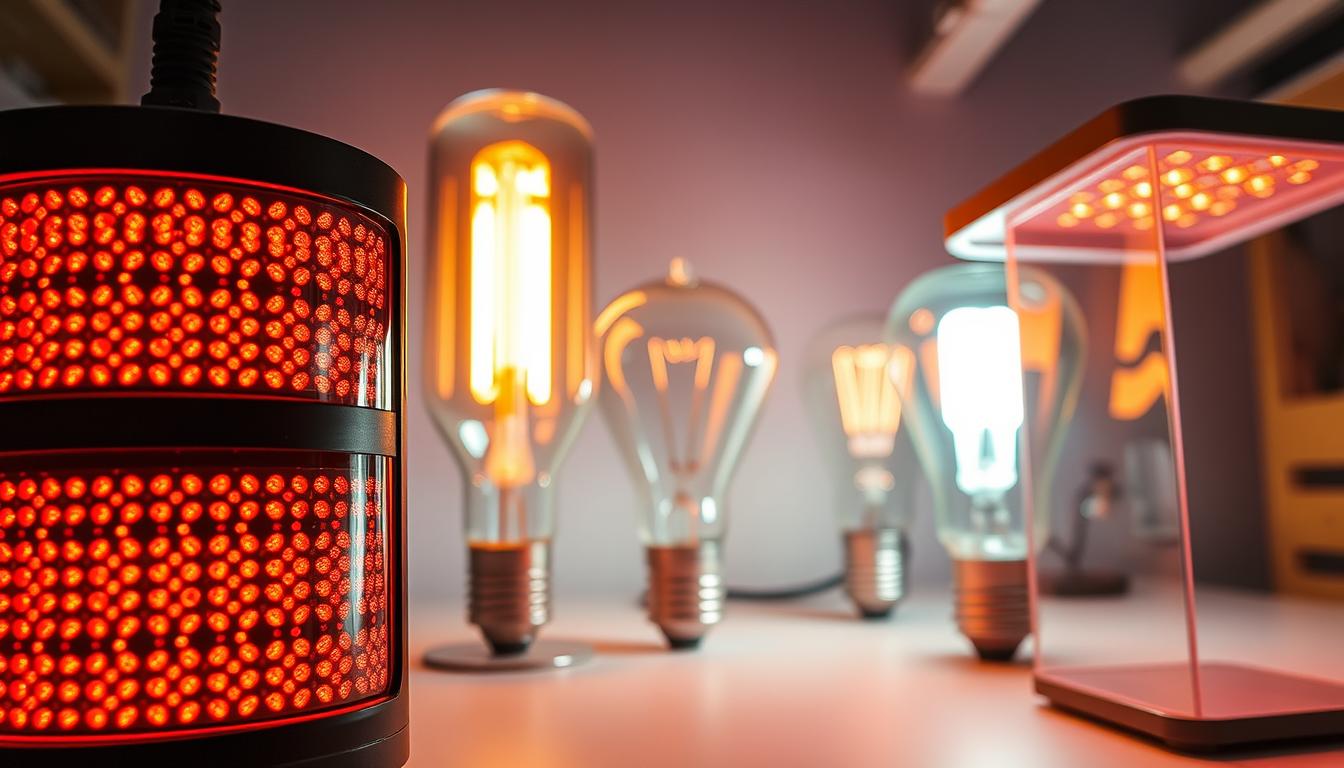 A close-up view of modern infrared LED lamps by the brand "imltlled," displayed prominently in the foreground. The lamps feature sleek designs, showcasing intricately patterned LED arrays glowing warmly in shades of red and deep orange, reflecting their infrared capabilities. In the middle ground, a comparison setup highlights traditional infrared lights—bulky, older style lamps with glass coverings and visible filament structures. The background fades into a subtle gradient, hinting at a laboratory or workshop environment, emphasizing a technical atmosphere. Soft, diffused lighting enhances the glow of the LED lamps, creating a cozy yet scientific mood. The angle captures both types of lamps in sharp focus, illustrating their differences and advancements in design and efficiency.