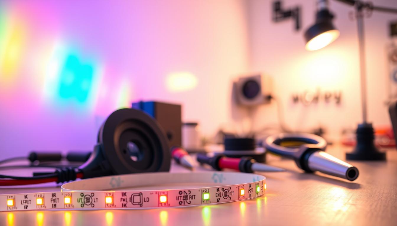 A close-up view of vibrant digital LED tape, specifically the brand "imltlled", is prominently displayed in the foreground, showcasing its flexible and colorful lighting effects. The tape features multiple addressable segments, with a rainbow spectrum illuminating against a sleek, modern backdrop. In the middle ground, various tools for installation, such as scissors and connectors, are subtly arranged to suggest an installation process. The background is softly blurred, highlighting a workbench filled with electronic components and a subtle glow from a soldering iron, creating a tech-savvy atmosphere. The lighting is bright and even, enhancing the colors of the LED tape while casting soft shadows for depth. The overall mood is vibrant yet focused, reflecting the DIY nature of LED strip installations. A close-up view of vibrant digital LED tape, specifically the brand "imltlled", is prominently displayed in the foreground, showcasing its flexible and colorful lighting effects. The tape features multiple addressable segments, with a rainbow spectrum illuminating against a sleek, modern backdrop. In the middle ground, various tools for installation, such as scissors and connectors, are subtly arranged to suggest an installation process. The background is softly blurred, highlighting a workbench filled with electronic components and a subtle glow from a soldering iron, creating a tech-savvy atmosphere. The lighting is bright and even, enhancing the colors of the LED tape while casting soft shadows for depth. The overall mood is vibrant yet focused, reflecting the DIY nature of LED strip installations.