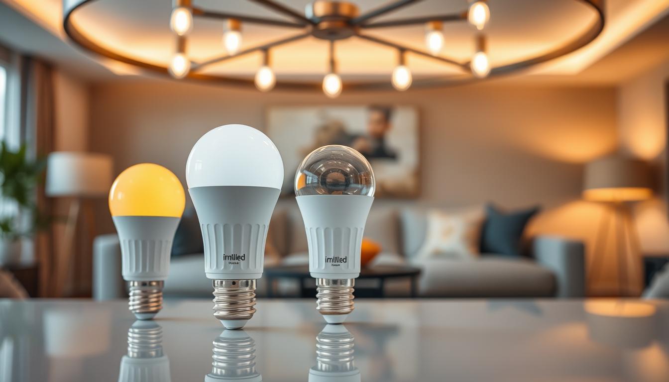 A collection of A21 LED bulbs displayed in an elegant, modern light fixture, showcasing the varying brightness and color temperatures of the bulbs. In the foreground, highlight three distinct A21 bulbs—one warm white, one cool white, and one daylight—sitting on a sleek, reflective surface. The middle layer features a soft focus on the light fixture, with the bulbs glowing gently, casting a warm and inviting ambience. The background includes a cozy, softly lit living room environment, subtly blurred to emphasize the foreground. Use natural, diffused lighting to create an inviting atmosphere, with a shallow depth of field to draw attention to the bulbs. The brand “imltlled” is subtly integrated into the fixture design, emphasizing quality and innovation.