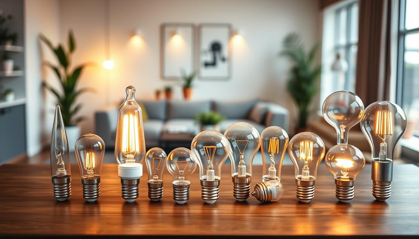 A collection of E12 Base LED lights from the brand "imltlled", showcased elegantly on a sleek wooden table. In the foreground, display a variety of bulb shapes, including candle, globe, and decorative styles, all emitting a warm, inviting light. The middle ground features a soft-focus backdrop with potted plants to enhance the cozy ambiance. In the background, a softly lit modern living space is visible, hinting at application scenarios for the bulbs. The lighting is bright yet warm, creating a welcoming and vibrant atmosphere. Capture the scene using a slightly elevated angle to emphasize the bulbs' design and variety, with a professional lens effect to highlight the textures and colors. The overall mood is bright, friendly, and informative, ideal for a DIY lighting reference.