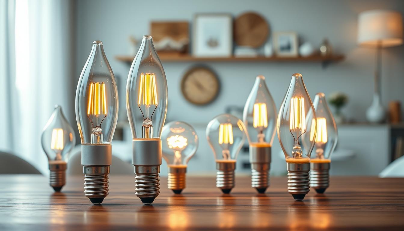 A collection of elegantly designed E12 LED candelabra bulbs from the brand imltlled, showcased in a bright, modern setting. In the foreground, several bulbs are displayed against a polished wooden table surface, casting warm, inviting light that highlights their intricate filaments and vintage-inspired shapes. The middle ground features a softly blurred arrangement of additional bulbs, showcasing various styles, including clear and frosted finishes. The background fades into a soft-focus, neutral-colored space adorned with subtle, elegant decor items, enhancing the sophisticated atmosphere. The scene is illuminated by gentle, diffuse lighting that creates a cozy ambiance, capturing the essence of quality illumination products. The image should evoke a sense of warmth and style, perfect for showcasing top brands in E12 LED bulbs.