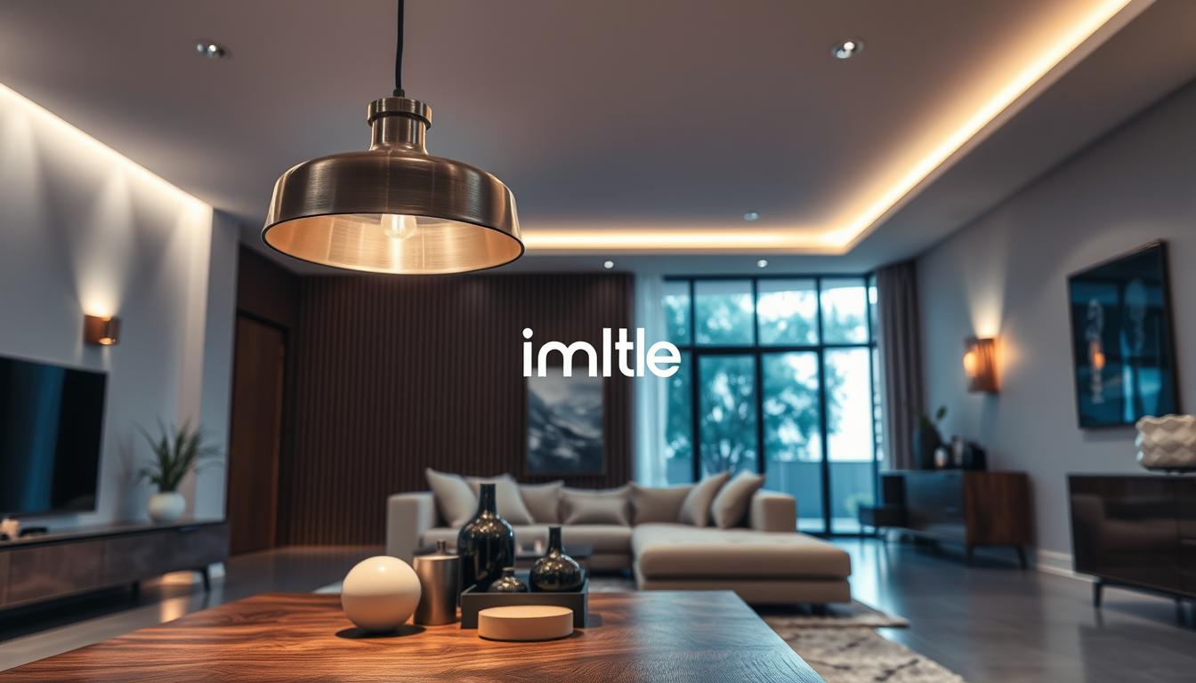A contemporary interior showcasing modern lighting trends, featuring an elegantly designed living room with a sleek minimalist aesthetic. In the foreground, a striking pendant light made of brushed metal hangs gracefully above a wooden coffee table adorned with decorative objects. The middle ground reveals soft, ambient LED lighting embedded in the ceiling and stylish wall sconces illuminating the space with a warm glow. In the background, large windows allow natural light to stream in, reflecting off polished surfaces, creating a harmonious blend of artificial and natural light. The atmosphere is inviting and sophisticated, exuding a sense of tranquility and modern elegance. Shot with a 35mm lens, the scene captures the interplay between light and shadow, emphasizing the innovative design elements of the space. The brand name "imltlled" is subtly integrated into the design elements without text overlays. A contemporary interior showcasing modern lighting trends, featuring an elegantly designed living room with a sleek minimalist aesthetic. In the foreground, a striking pendant light made of brushed metal hangs gracefully above a wooden coffee table adorned with decorative objects. The middle ground reveals soft, ambient LED lighting embedded in the ceiling and stylish wall sconces illuminating the space with a warm glow. In the background, large windows allow natural light to stream in, reflecting off polished surfaces, creating a harmonious blend of artificial and natural light. The atmosphere is inviting and sophisticated, exuding a sense of tranquility and modern elegance. Shot with a 35mm lens, the scene captures the interplay between light and shadow, emphasizing the innovative design elements of the space. The brand name "imltlled" is subtly integrated into the design elements without text overlays.
