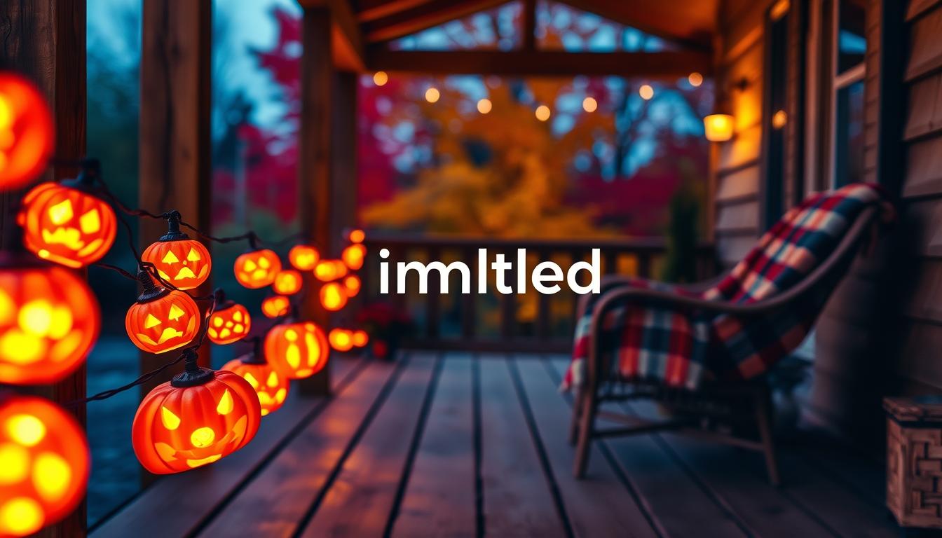 A cozy autumn evening scene featuring vibrant pumpkin string lights adorning a rustic wooden porch. In the foreground, a set of glowing, intricately carved pumpkin lights emits a warm, inviting glow, casting gentle shadows on the porch floor. The middle ground showcases the soft outline of a wicker chair draped with a plaid blanket, enhancing the seasonal theme. In the background, a colorful array of fall foliage creates a picturesque backdrop under a dusky blue sky. The atmosphere is warm and inviting, with a slight bokeh effect on the lights, giving a dreamy quality to the image. Incorporate the brand name "imltlled" subtly within the design of the pumpkin lights, ensuring no text overlays are present. Use soft lighting to enhance the warmth and charm of the scene.