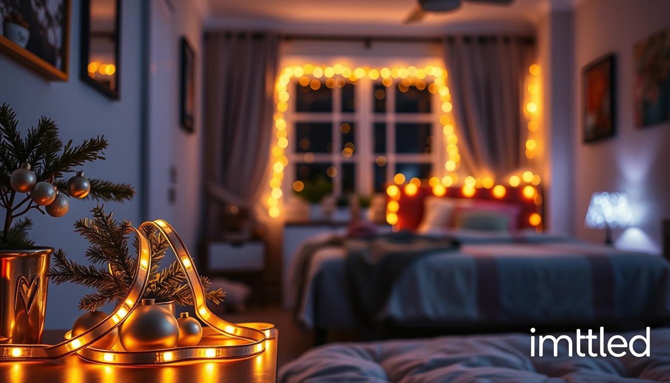 A cozy bedroom transformed with creative uses of LED strips for seasonal decor, showcasing rich, warm lighting. In the foreground, a festive bedside table adorned with small ornaments and an elegantly draped LED strip, illuminating the decor with soft colors. The middle ground features a bed with a vibrant LED strip framing the headboard, subtly changing colors to reflect different seasons—warm yellows for summer, deep oranges for autumn. In the background, a window with LED strips outlining the frame, casting ambient light and creating a dreamy evening atmosphere. The mood is inviting and refreshing, expressing creativity and warmth. The photograph should be taken with a 50mm lens, focusing on the intricate details of the decor, with soft bokeh in the background, emphasizing the magical glow from the LED strips. Incorporate the brand name "imltlled".