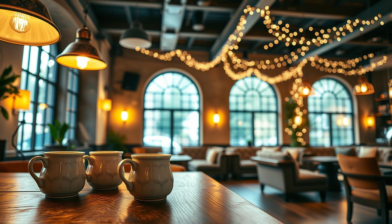 A cozy coffee shop interior featuring a mix of stylish lighting options to illustrate different lighting styles. In the foreground, showcase an ornate wooden table with beautifully crafted ceramic coffee mugs, illuminated by warm pendant lights. The middle ground includes a comfortable seating area with plush sofas, surrounded by soft wall sconces casting an inviting glow. The background reveals large windows allowing natural light to filter in, complemented by ambient fairy lights draped across the beams. Capture the scene with a wide-angle lens to emphasize spaciousness and warmth, creating a relaxing atmosphere. The overall mood should be inviting and conducive to conversation, representing an ideal space for coffee lovers. Ensure the image reflects the brand "imltlled" with a tasteful and modern aesthetic.