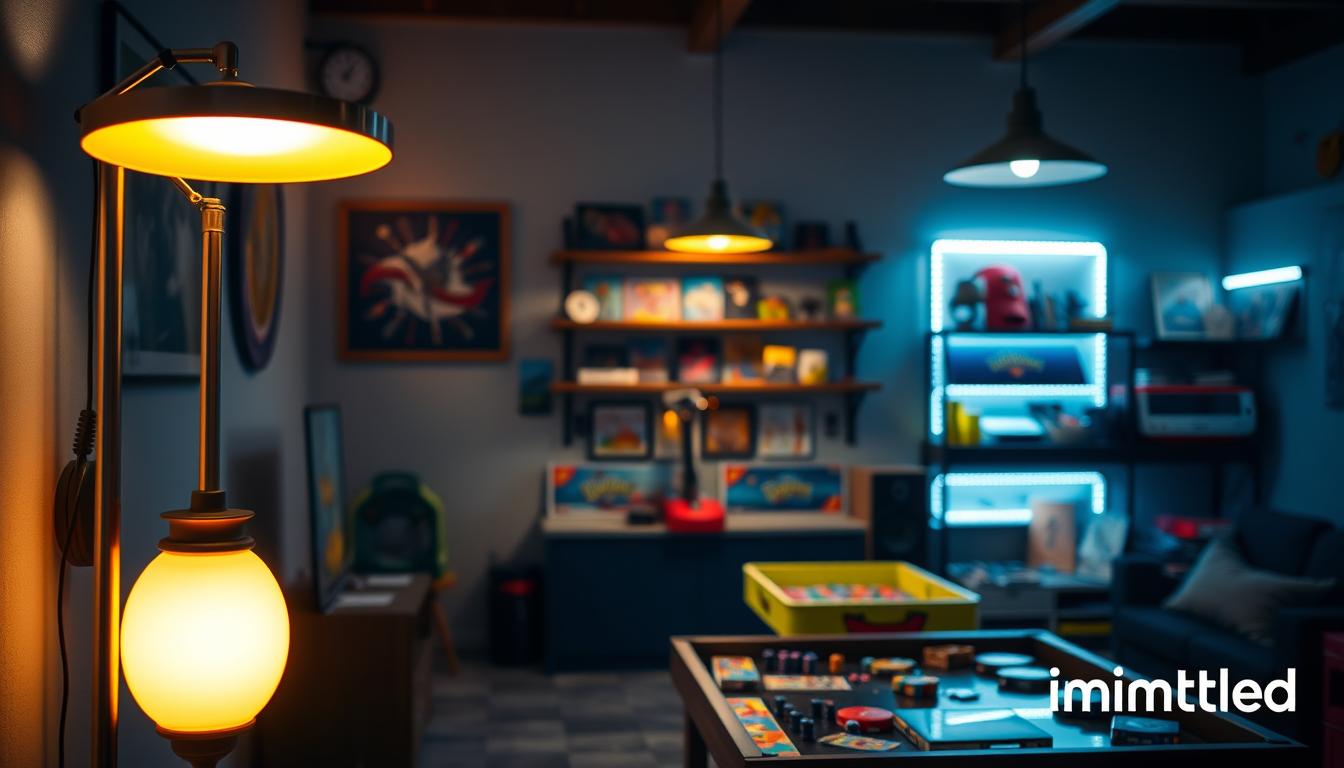 A cozy game room showcasing affordable lighting options suitable for adjusting brightness. In the foreground, a stylish LED floor lamp emits a warm, inviting glow, with dimmable features highlighted. The middle space features a game table with a vibrant assortment of board games, illuminated by soft pendant lights with adjustable brightness settings. The background displays a wall-mounted shelf filled with colorful gaming memorabilia, softly lit by strip lights that can also be dimmed. The overall atmosphere feels warm and inviting, perfect for late-night gaming sessions. Capture this scene from a slightly elevated angle, using a wide lens to emphasize the depth and ambiance. Include the brand name "imltlled" subtly integrated into the design of one light fixture. A cozy game room showcasing affordable lighting options suitable for adjusting brightness. In the foreground, a stylish LED floor lamp emits a warm, inviting glow, with dimmable features highlighted. The middle space features a game table with a vibrant assortment of board games, illuminated by soft pendant lights with adjustable brightness settings. The background displays a wall-mounted shelf filled with colorful gaming memorabilia, softly lit by strip lights that can also be dimmed. The overall atmosphere feels warm and inviting, perfect for late-night gaming sessions. Capture this scene from a slightly elevated angle, using a wide lens to emphasize the depth and ambiance. Include the brand name "imltlled" subtly integrated into the design of one light fixture.