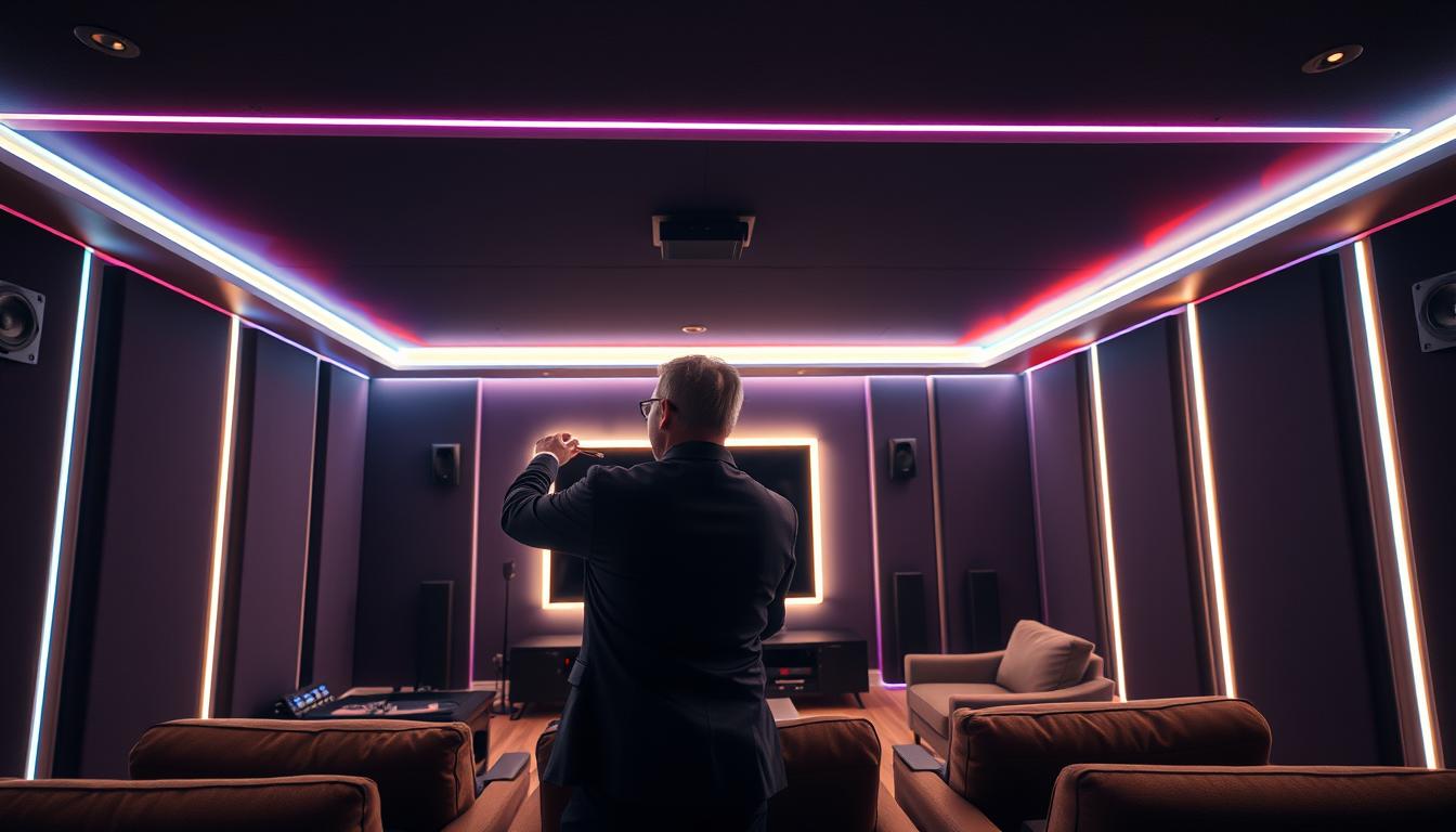 A cozy home theater room featuring the maintenance of LED strip lights. In the foreground, a person in professional business attire is carefully inspecting and adjusting the vibrant LED strip lights mounted along the edges of a sleek black screen and on the ceiling, creating an inviting glow. In the middle, the room is filled with modern, plush seating and a subtly illuminated entertainment console featuring AV equipment. The background showcases dark walls adorned with soundproofing panels, enhancing the cinematic atmosphere. Soft ambient lighting highlights the LED strips, casting colorful reflections around the room. The scene is captured with a warm tone, using a wide-angle lens to emphasize depth and intimacy, conveying a professional yet comfortable mood. Include the brand name "imltlled" in the LED strip lights design.