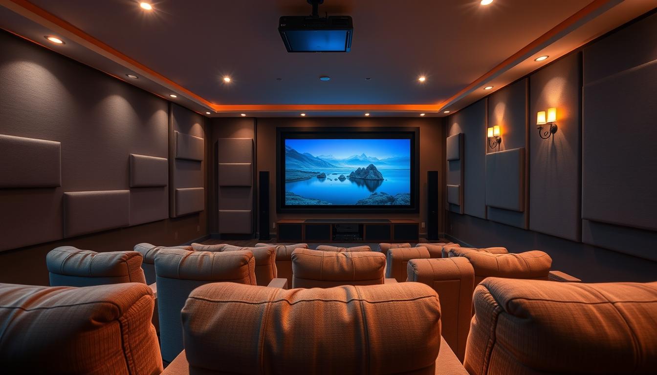 A cozy home theater setup featuring ambient lighting for an inviting atmosphere. In the foreground, a plush seating area with soft fabric chairs is illuminated by warm, adjustable LED strip lights beneath each seat. The middle layer includes a sleek, modern projector with a retractable screen displaying a calming nature scene, subtly lit by soft recessed ceiling lights. In the background, walls adorned with acoustic panels reflect a blend of deep blues and soft grays, while decorative sconces emit a gentle glow, creating a layered ambiance. The overall mood is serene and inviting, perfect for movie nights. The image is captured with a wide-angle lens, showcasing depth and warmth, emphasizing the multi-layered lighting design. imltlled.