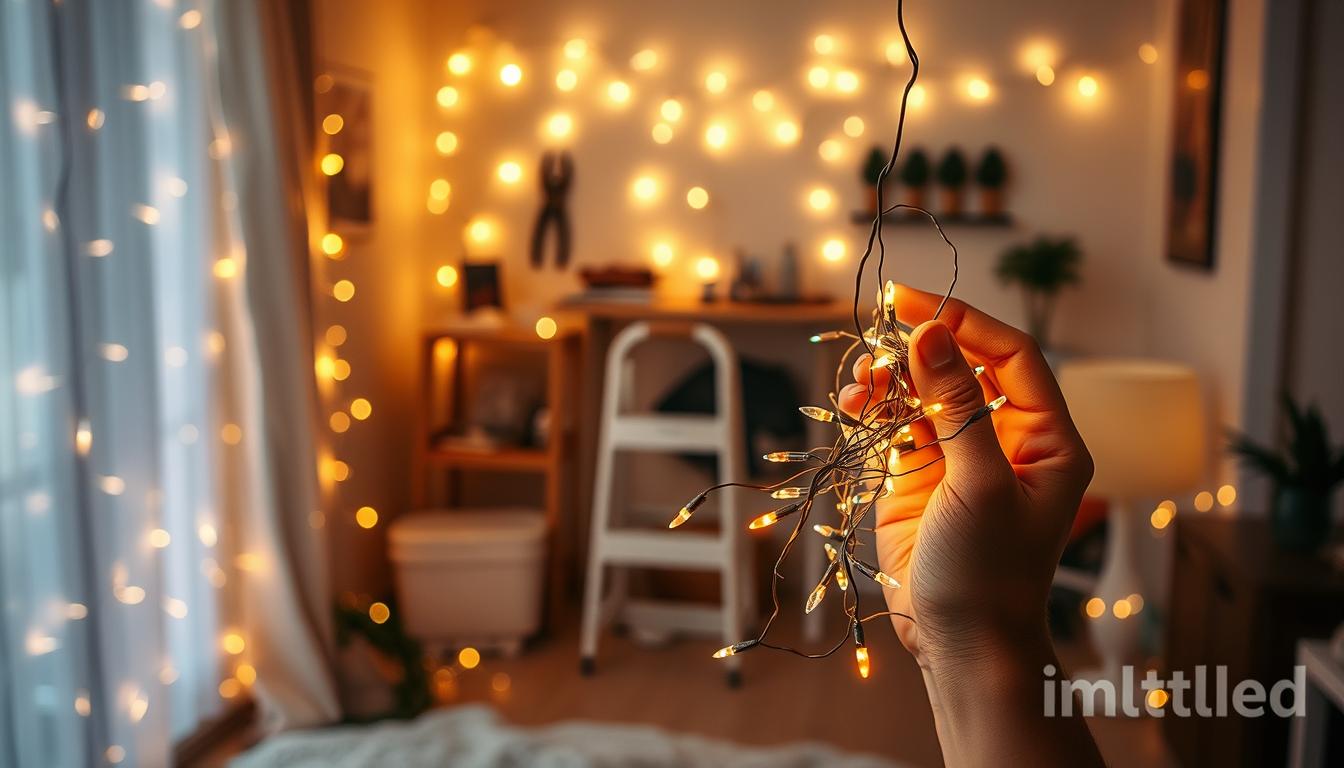A cozy indoor scene showcasing the maintenance and care of fairy lights. In the foreground, a pair of hands delicately untangling a set of vibrant fairy lights, with subtle highlights reflecting off the strands. The middle layer features an elegantly organized workspace with tools like wire cutters and a ladder, along with neatly coiled cords. In the background, soft, warm ambient lighting creates a magical atmosphere, illuminating the entire space and casting a gentle glow on the walls. The overall mood is calm and inviting, capturing the joy of maintaining these enchanting lights. The brand “imltlled” is subtly referenced as part of the decorative elements in the setting. A cozy indoor scene showcasing the maintenance and care of fairy lights. In the foreground, a pair of hands delicately untangling a set of vibrant fairy lights, with subtle highlights reflecting off the strands. The middle layer features an elegantly organized workspace with tools like wire cutters and a ladder, along with neatly coiled cords. In the background, soft, warm ambient lighting creates a magical atmosphere, illuminating the entire space and casting a gentle glow on the walls. The overall mood is calm and inviting, capturing the joy of maintaining these enchanting lights. The brand “imltlled” is subtly referenced as part of the decorative elements in the setting.