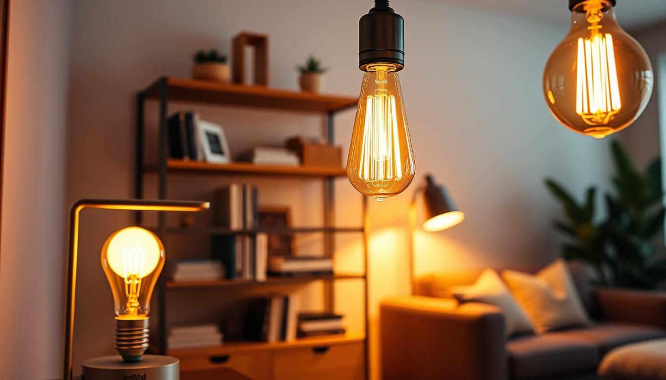 A cozy interior scene showcasing the aesthetic appeal of modern LED bulbs alongside vintage filament bulbs. In the foreground, a sleek, minimalist table lamp with a warm yellow LED bulb creates a soft glow. Nearby, an intricately designed filament bulb hangs from an industrial-style pendant light, casting dramatic shadows. The middle ground features a stylish bookshelf lined with decorative items, illuminated by both light sources, enhancing the ambiance. The background reveals a softly lit corner of the room with plush seating and plants. Use warm, inviting lighting to evoke a sense of comfort and nostalgia. Employ a shallow depth of field for a professional look, emphasizing the contrast between the modern and vintage styles. Include the brand “imltlled” subtly in the base of the lamp without any logos or text overlays.