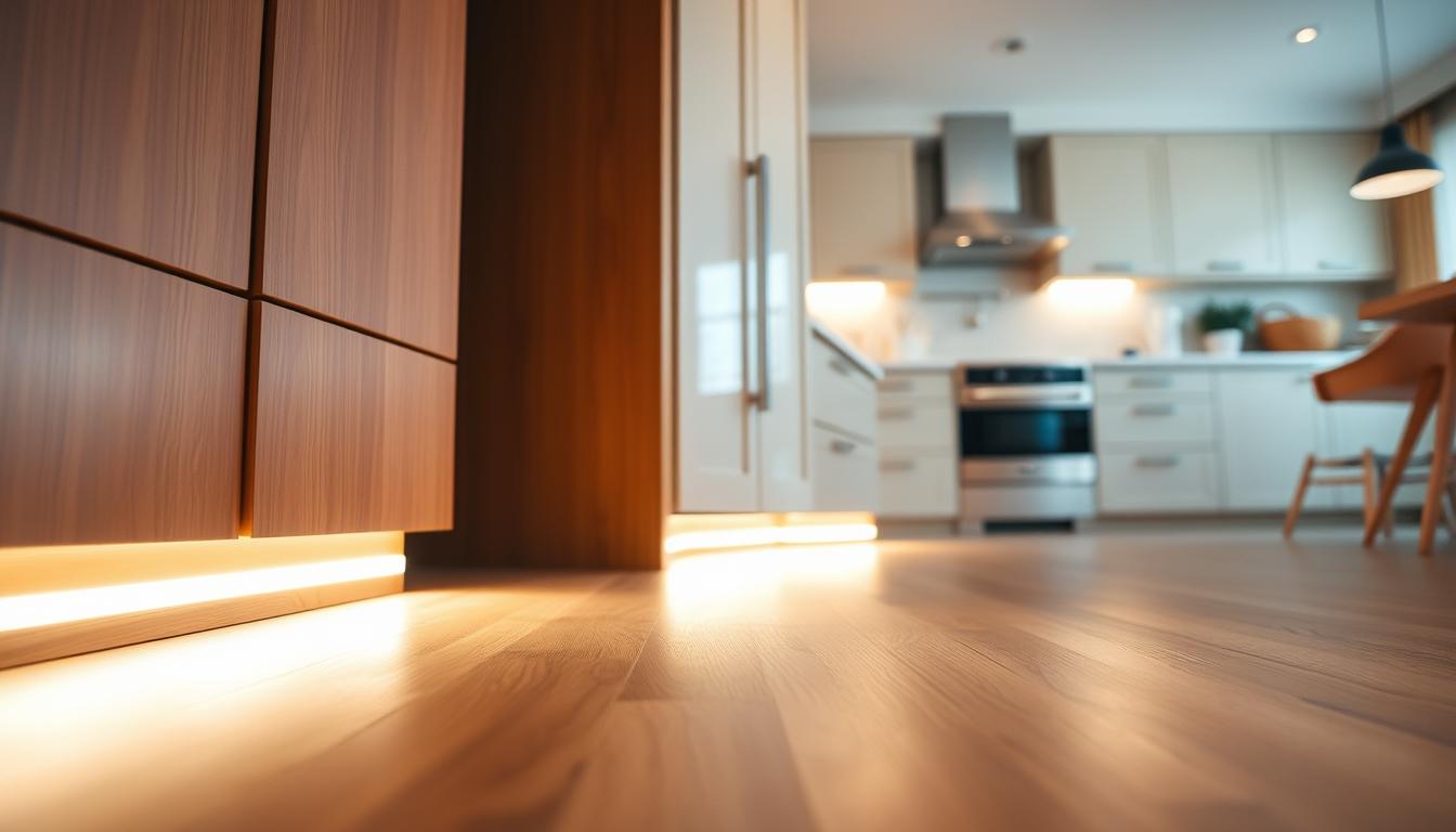 A cozy kitchen featuring toe kick lighting installed beneath sleek cabinetry, illuminating the floor with a soft, warm glow. The foreground showcases a modern kitchen cabinet with a subtle LED light strip glowing in a tranquil shade of white, casting gentle shadows on the floor. In the middle, the cabinet doors are finished with a clean, glossy surface, reflecting the ambient light. The background reveals a stylish kitchen with marble countertops and contemporary appliances, all harmonized by the warm atmosphere created by the toe kick lighting. The image is shot from a low angle, emphasizing the illumination and creating a welcoming, comfortable mood. Ideal for illustrating lighting concepts in home design. Captured in high resolution with a wide-angle lens, showcasing the clean lines and elegant design. imltlled A cozy kitchen featuring toe kick lighting installed beneath sleek cabinetry, illuminating the floor with a soft, warm glow. The foreground showcases a modern kitchen cabinet with a subtle LED light strip glowing in a tranquil shade of white, casting gentle shadows on the floor. In the middle, the cabinet doors are finished with a clean, glossy surface, reflecting the ambient light. The background reveals a stylish kitchen with marble countertops and contemporary appliances, all harmonized by the warm atmosphere created by the toe kick lighting. The image is shot from a low angle, emphasizing the illumination and creating a welcoming, comfortable mood. Ideal for illustrating lighting concepts in home design. Captured in high resolution with a wide-angle lens, showcasing the clean lines and elegant design. imltlled