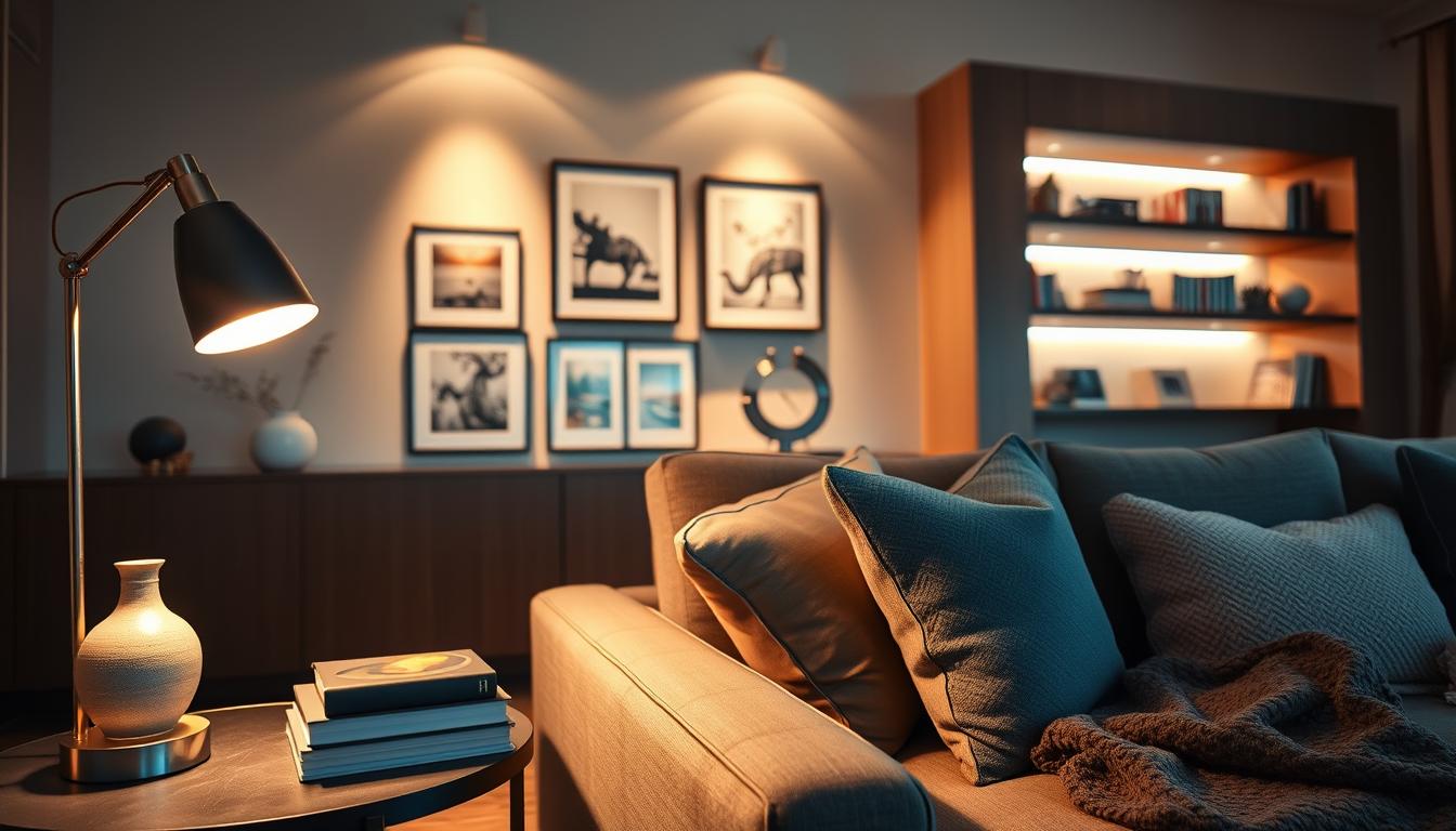 A cozy living room featuring accent lighting that draws attention to tasteful home decor elements. In the foreground, a chic side table adorned with decorative books and an elegant vase is softly illuminated by a sleek, modern lamp. In the middle, a comfortable sofa with textured cushions and a stylish throw blanket nestles near a gallery wall, where strategically placed spotlights enhance artistic prints and a unique sculpture. The background showcases a warm, inviting ambiance created by wall-mounted LED strips highlighting built-in shelves. The overall atmosphere is serene and welcoming, ideal for showcasing design highlights. Capture this scene using a wide angle with soft focus on the edges, emphasizing the play of light and shadow. imltlled. A cozy living room featuring accent lighting that draws attention to tasteful home decor elements. In the foreground, a chic side table adorned with decorative books and an elegant vase is softly illuminated by a sleek, modern lamp. In the middle, a comfortable sofa with textured cushions and a stylish throw blanket nestles near a gallery wall, where strategically placed spotlights enhance artistic prints and a unique sculpture. The background showcases a warm, inviting ambiance created by wall-mounted LED strips highlighting built-in shelves. The overall atmosphere is serene and welcoming, ideal for showcasing design highlights. Capture this scene using a wide angle with soft focus on the edges, emphasizing the play of light and shadow. imltlled.