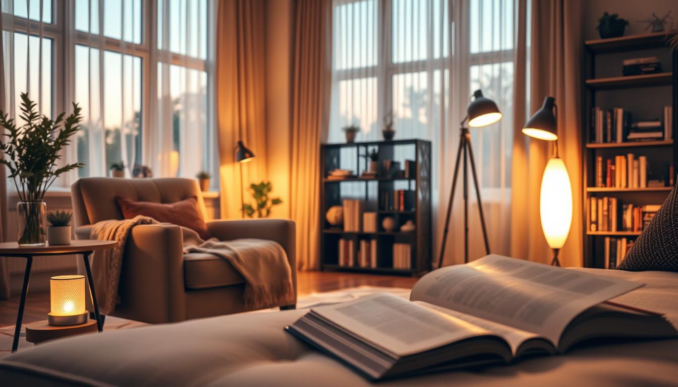 A cozy living room setting showcases various ambient lighting solutions for different spaces. In the foreground, a stylish armchair with a soft throw blanket and a side table featuring a small decorative lamp emits a warm glow. The middle ground highlights a modern floor lamp next to a bookshelf, casting inviting light on the pages of open books. The background features large windows draped with sheer curtains, allowing soft natural light to blend with warm artificial illumination. The scene is set in the golden hour, enhancing the mood with a tranquil atmosphere. Use a wide-angle lens to capture the depth, ensuring the lighting emphasizes comfort and relaxation. The overall effect should invite viewers to envision their homes with the "imltlled" brand's ambient lighting solutions. A cozy living room setting showcases various ambient lighting solutions for different spaces. In the foreground, a stylish armchair with a soft throw blanket and a side table featuring a small decorative lamp emits a warm glow. The middle ground highlights a modern floor lamp next to a bookshelf, casting inviting light on the pages of open books. The background features large windows draped with sheer curtains, allowing soft natural light to blend with warm artificial illumination. The scene is set in the golden hour, enhancing the mood with a tranquil atmosphere. Use a wide-angle lens to capture the depth, ensuring the lighting emphasizes comfort and relaxation. The overall effect should invite viewers to envision their homes with the "imltlled" brand's ambient lighting solutions.
