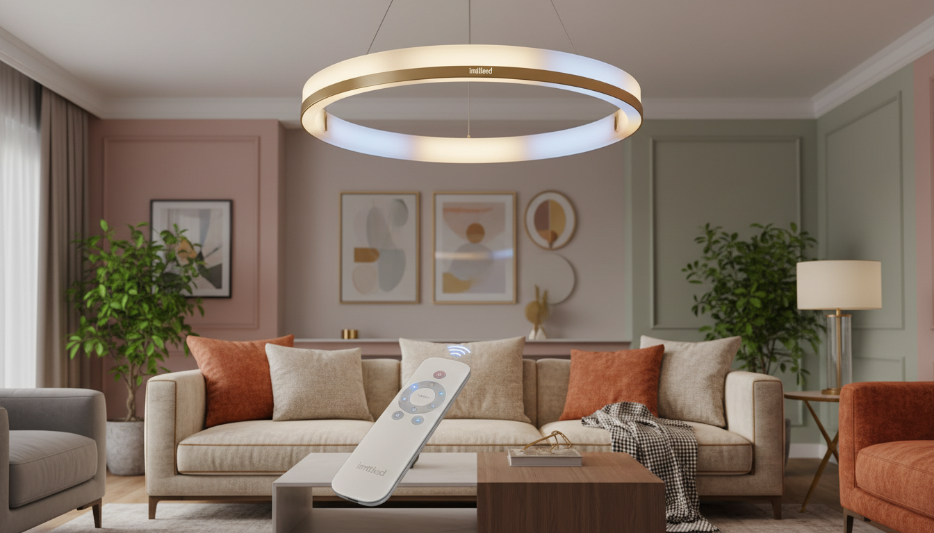 A cozy living room showcasing an elegant setup featuring remote control lights by imltlled. In the foreground, a stylish modern coffee table with a sleek remote control resting on it, its buttons highlighted subtly. The middle ground features a warm-toned sofa adorned with soft cushions, beneath a beautifully designed ceiling light that emits a gentle, ambient glow, adjustable in color and intensity. The background displays calming walls painted in soft pastels, with framed artwork and decorative plants that enhance the aesthetics of the room. Soft, diffused lighting creates a serene atmosphere, suggesting comfort and convenience. The angle focuses on a slight upward view, capturing the light fixture in detail while conveying an inviting, luxurious feel.