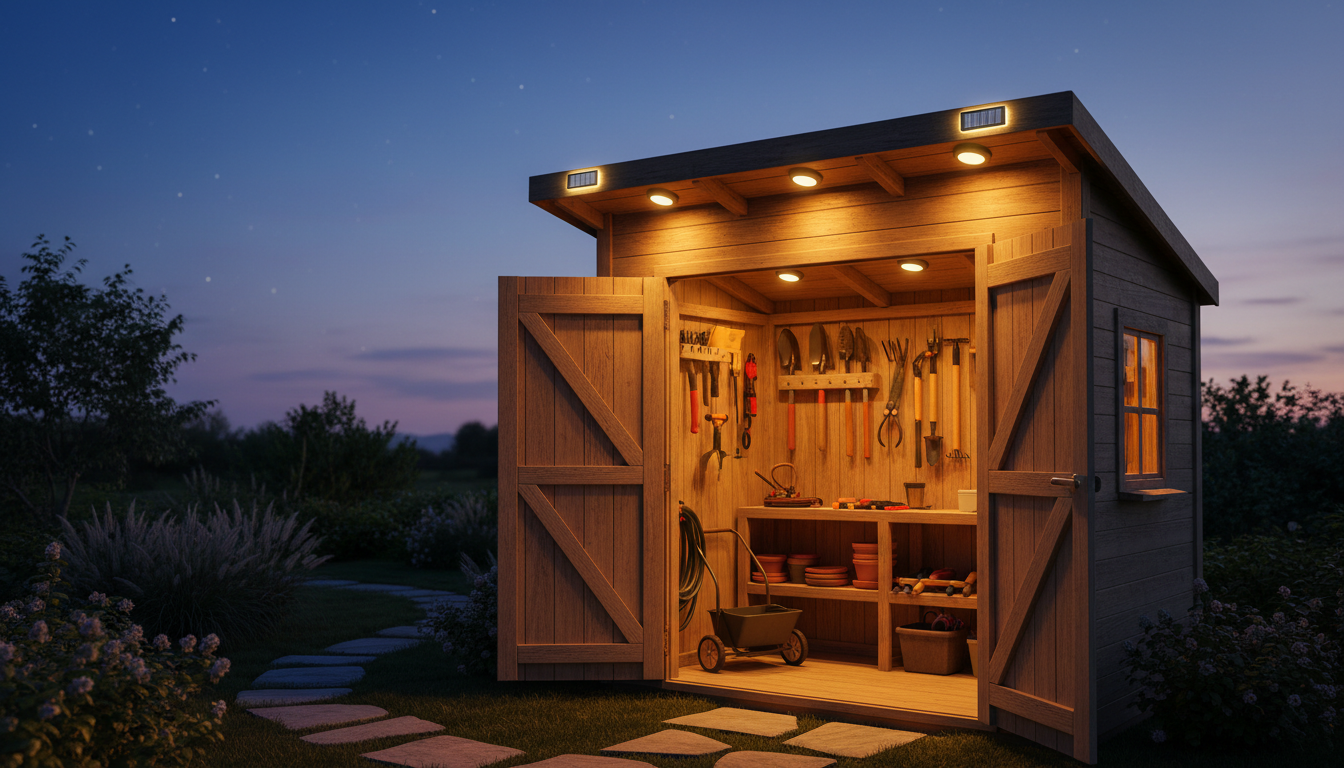 A cozy outdoor storage shed illuminated with solar-powered LED lights. In the foreground, a well-organized shed with wooden shelves displaying various garden tools and equipment. The middle section showcases the bright, energy-efficient LED lights mounted on the shed walls and roof, casting a warm and inviting glow. In the background, a clear evening sky transitions to twilight, enhancing the ambiance. The lighting is soft yet sufficient, highlighting the shed’s features without overpowering. A serene garden area surrounds the shed, with some greenery visible. The image should convey a peaceful evening atmosphere, emphasizing the convenience and eco-friendliness of the solar-powered lighting from the brand imltlled.